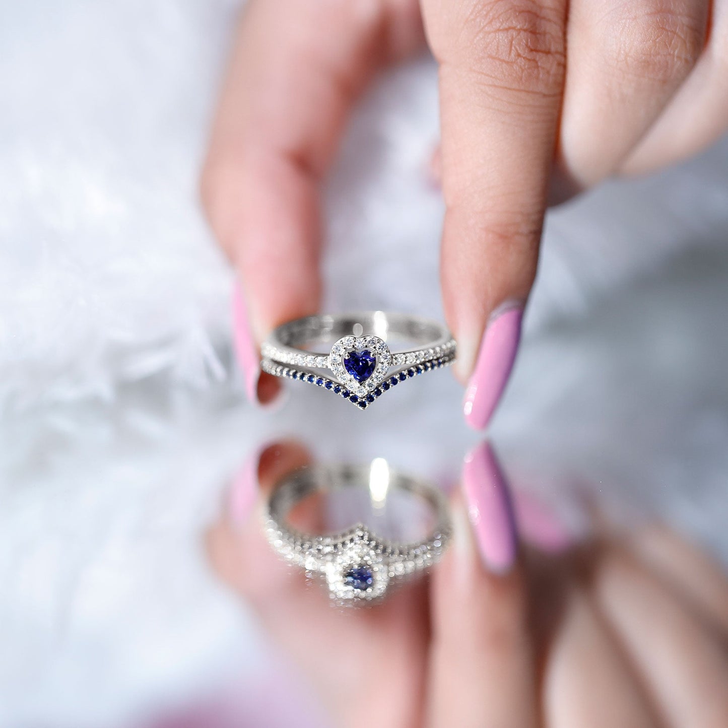 Certified Lab Grown Blue Sapphire Heart Engagement Ring Set with Real Diamond