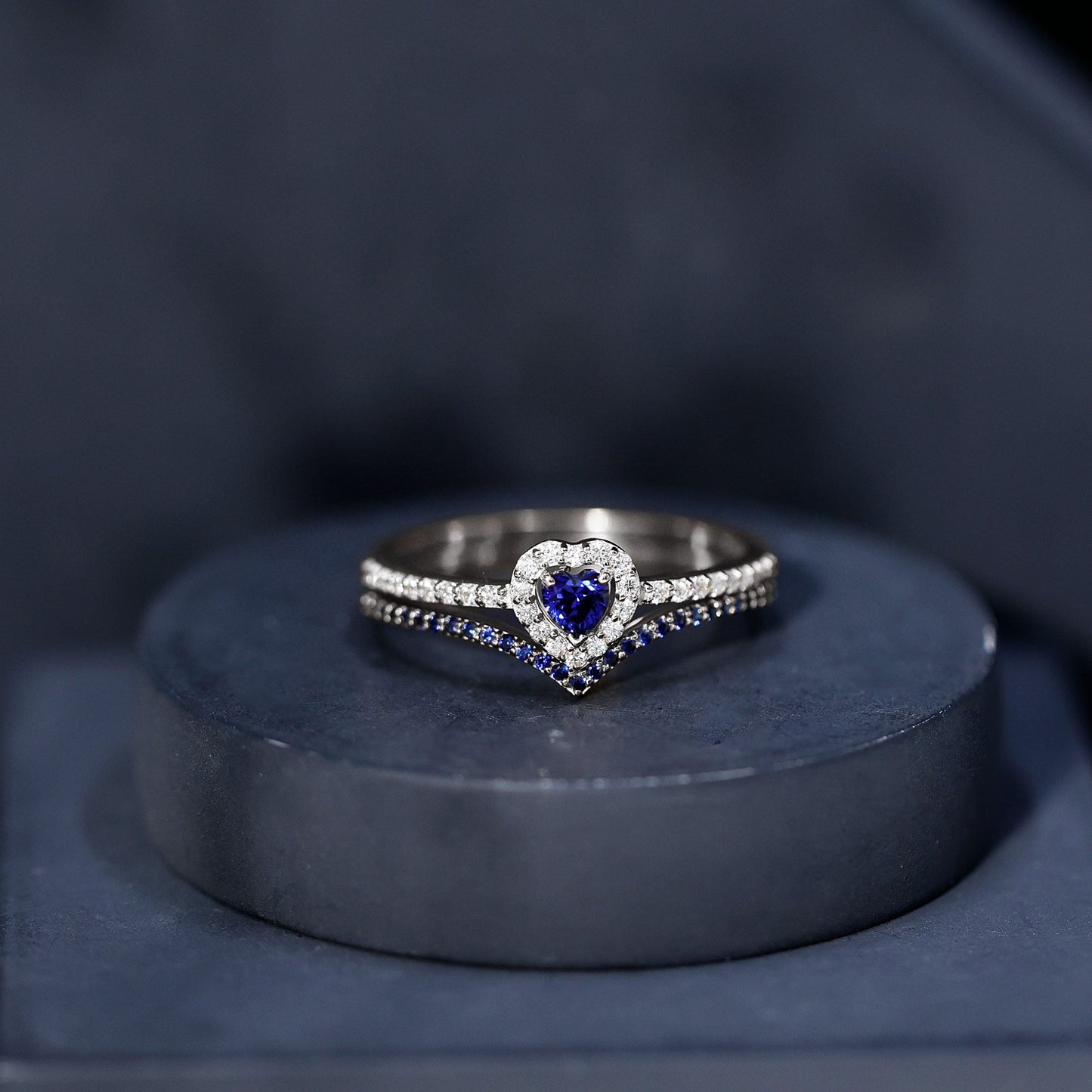 Certified Lab Grown Blue Sapphire Heart Engagement Ring Set with Real Diamond