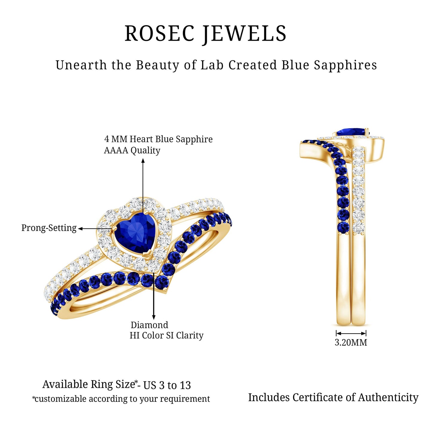 Certified Lab Grown Blue Sapphire Heart Engagement Ring Set with Real Diamond