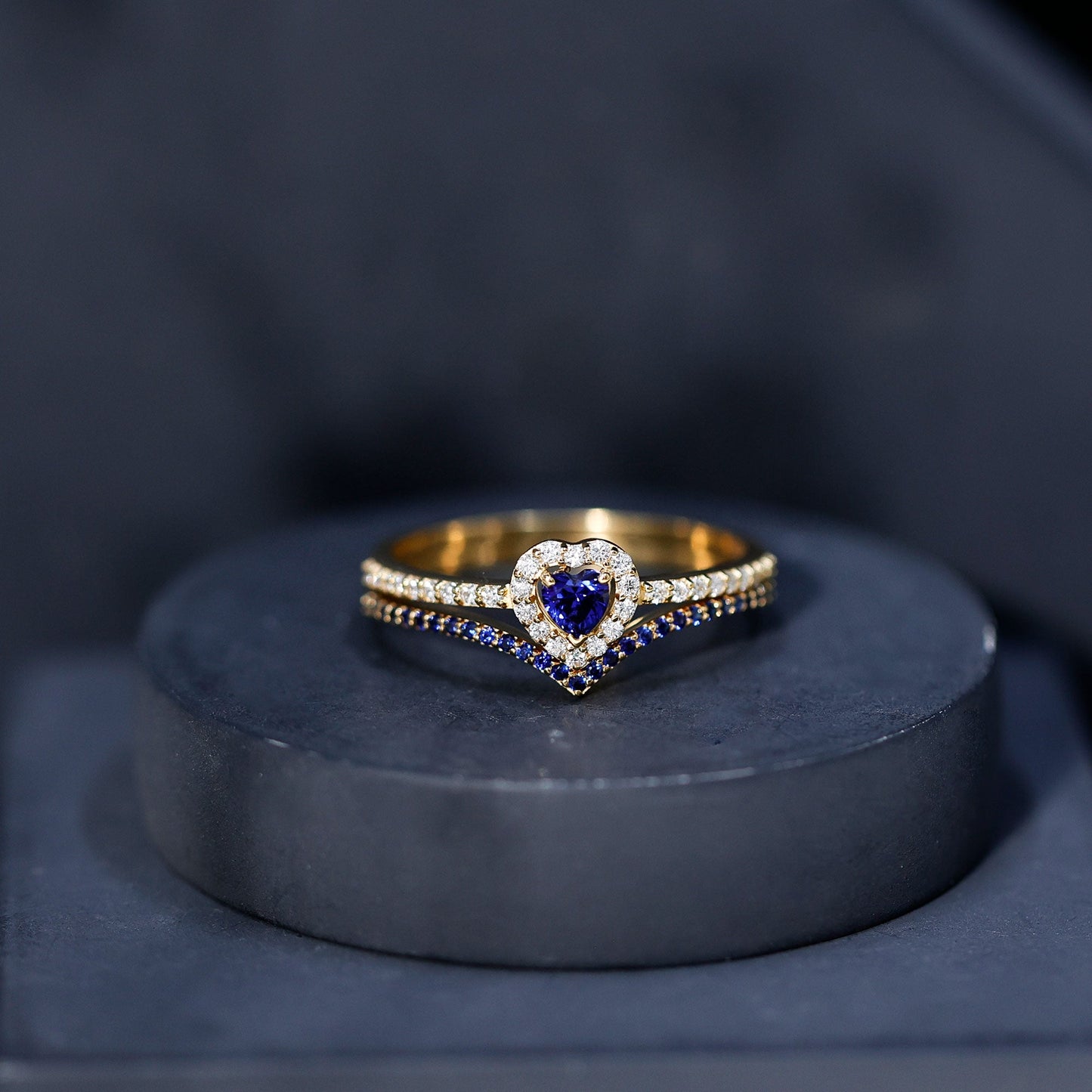 Certified Lab Grown Blue Sapphire Heart Engagement Ring Set with Real Diamond