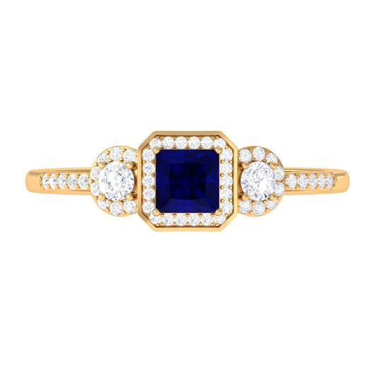Real Blue Sapphire Princess Cut Blue Sapphire Engagement Ring with Diamond