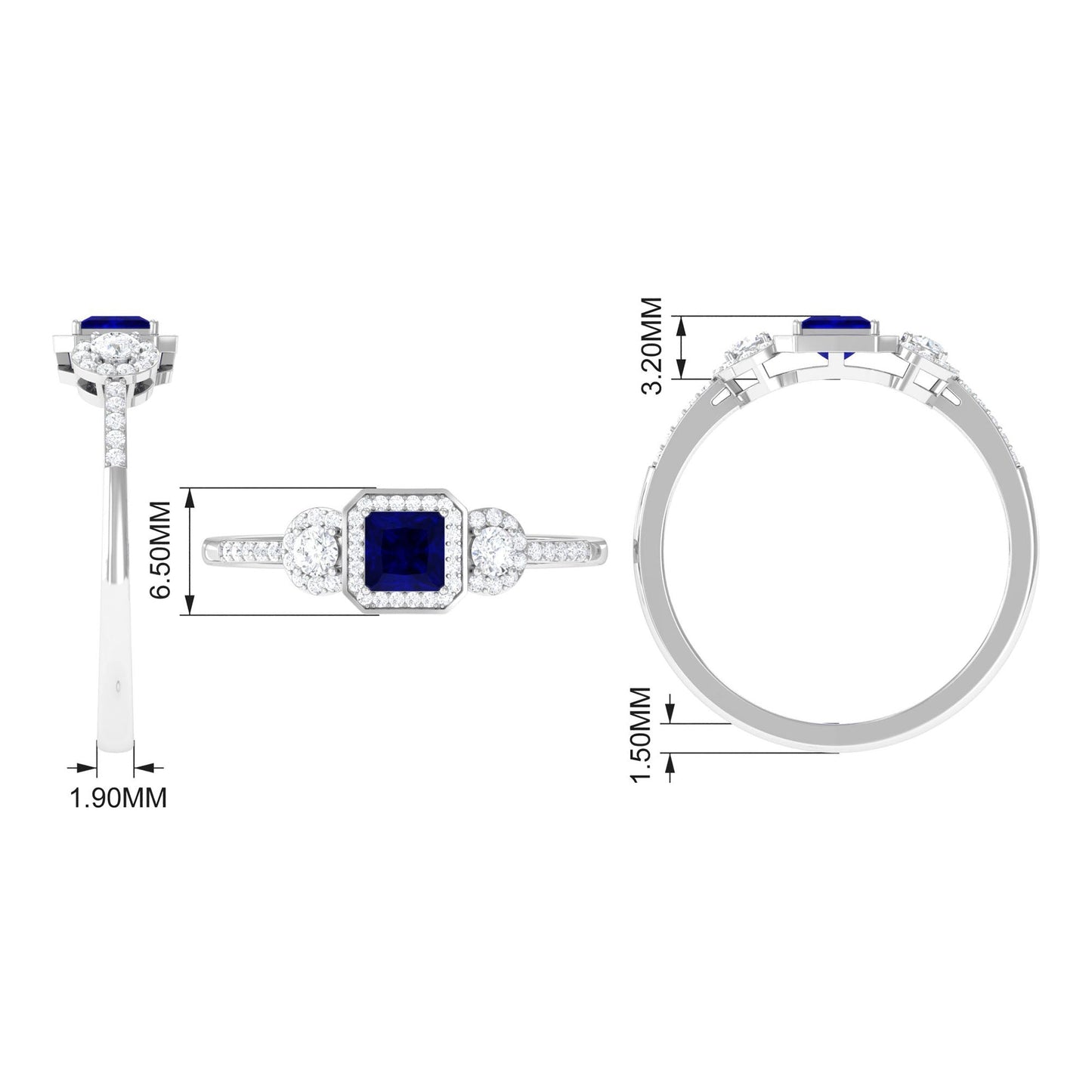 Real Blue Sapphire Princess Cut Blue Sapphire Engagement Ring with Diamond