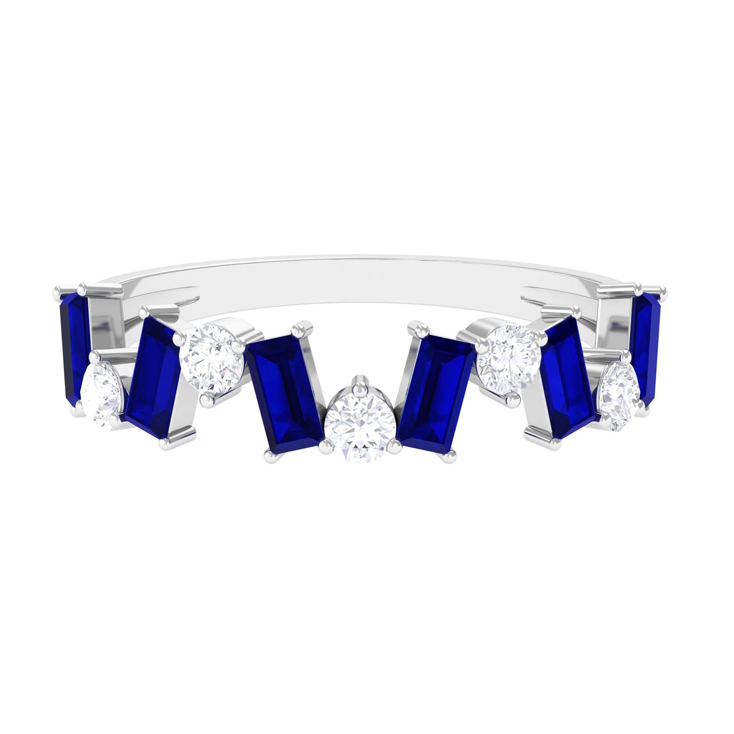 Genuine Baguette Blue Sapphire Half Eternity Ring with Diamond