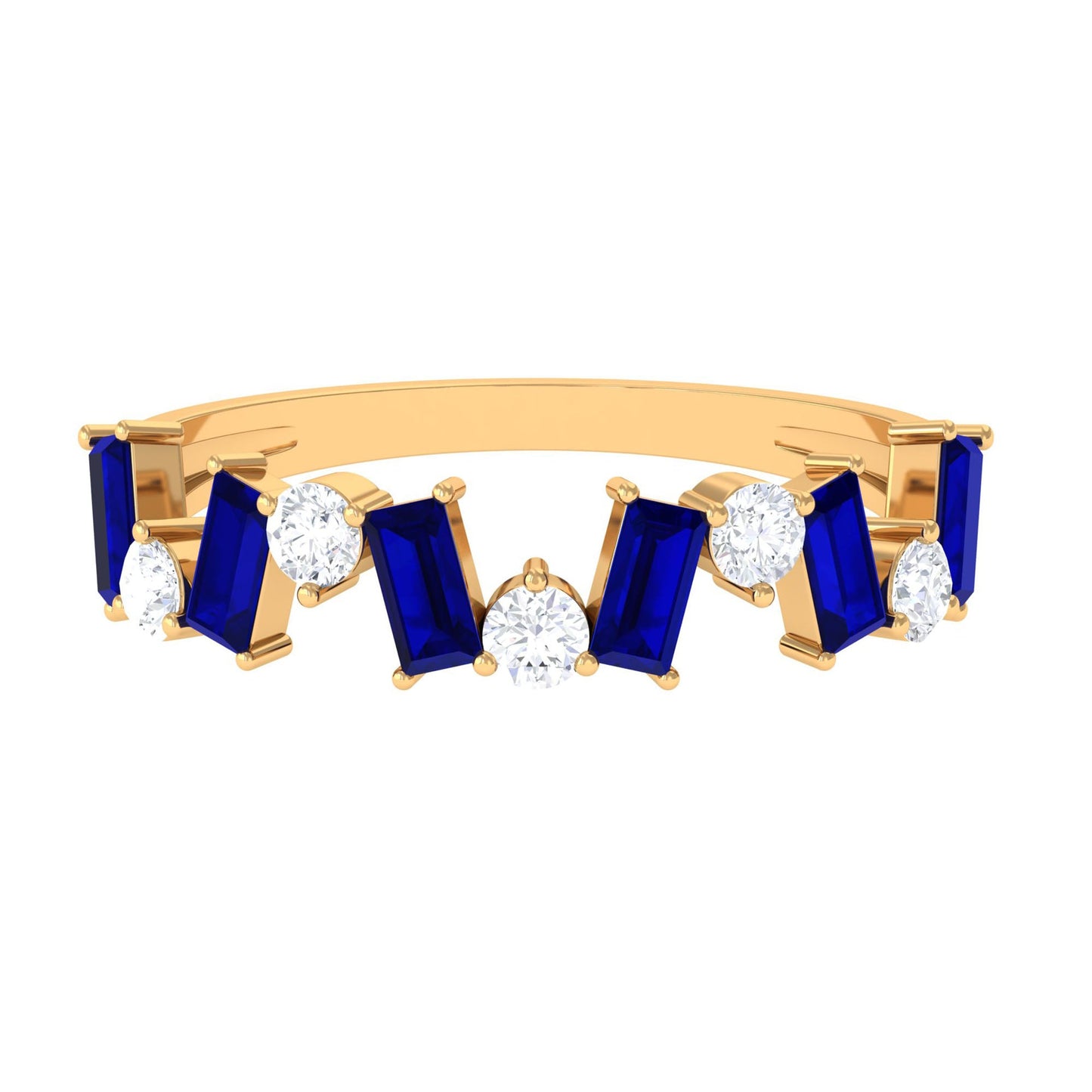Genuine Baguette Blue Sapphire Half Eternity Ring with Diamond
