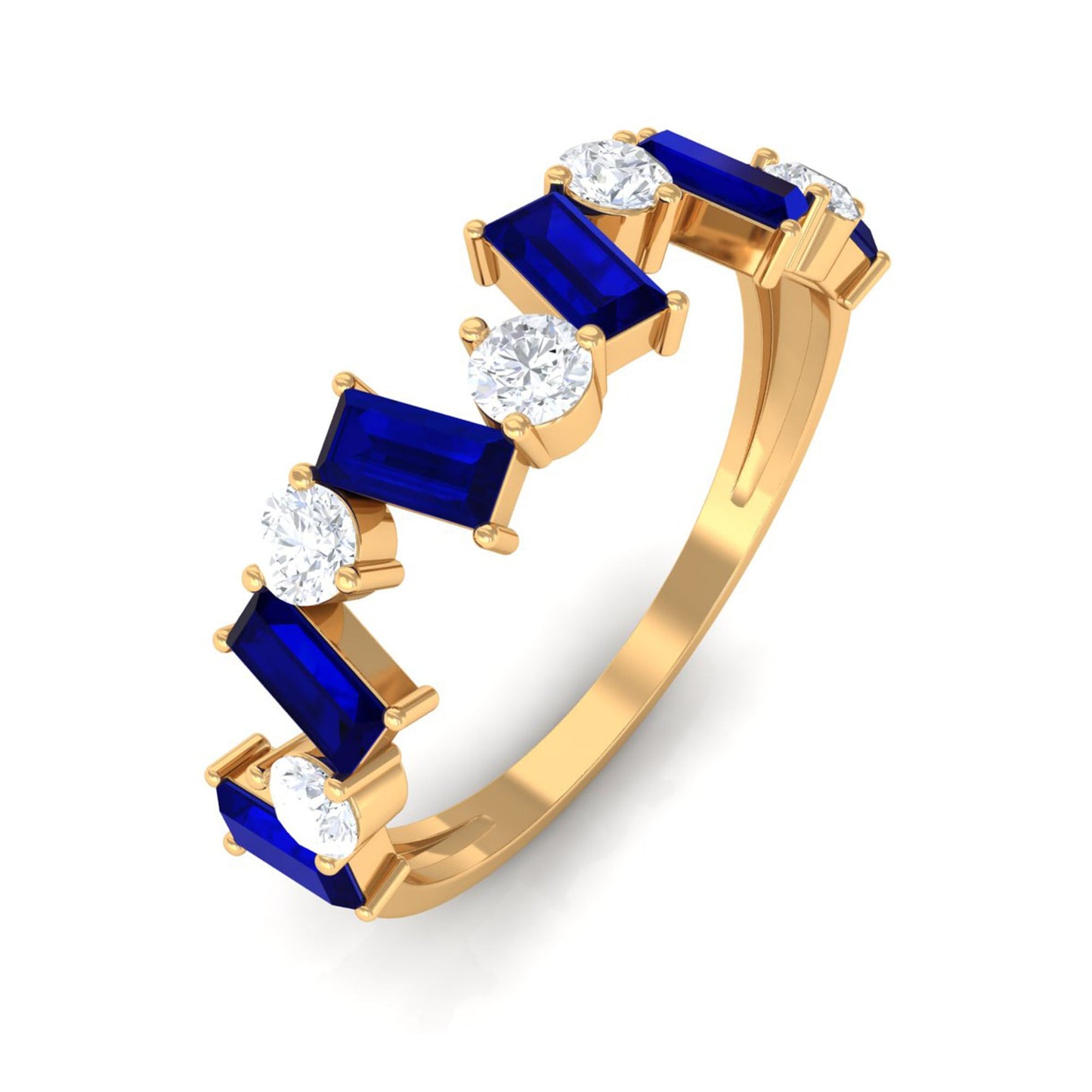 Genuine Baguette Blue Sapphire Half Eternity Ring with Diamond
