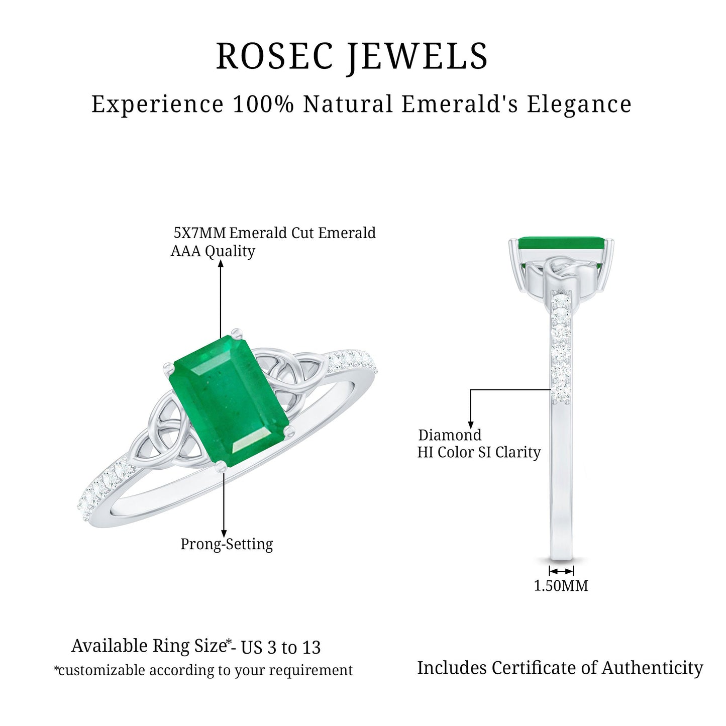 Natural 1.2 Carat Emerald Cut Emerald Diamond Engagement Ring with Celtic Knot