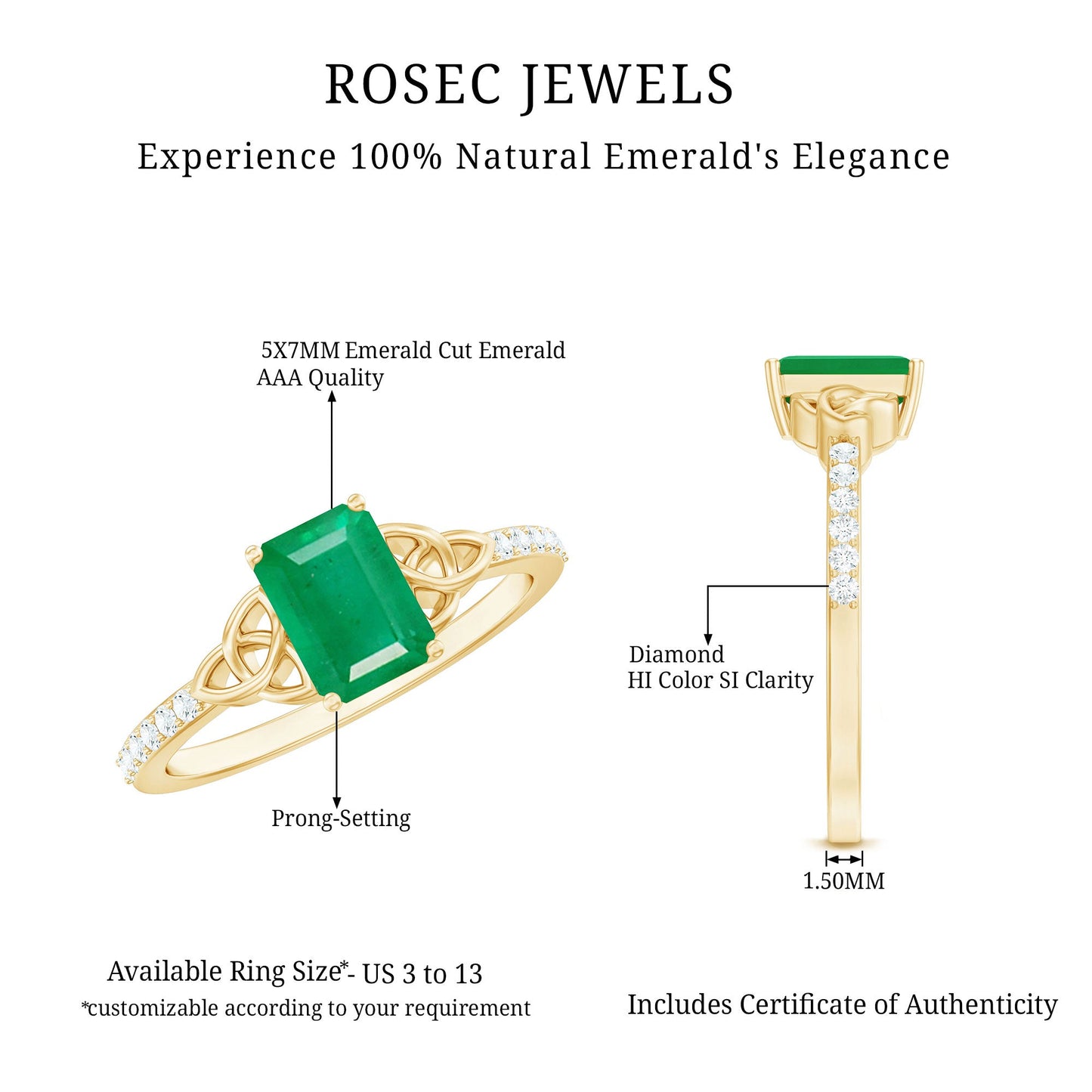 Natural 1.2 Carat Emerald Cut Emerald Diamond Engagement Ring with Celtic Knot