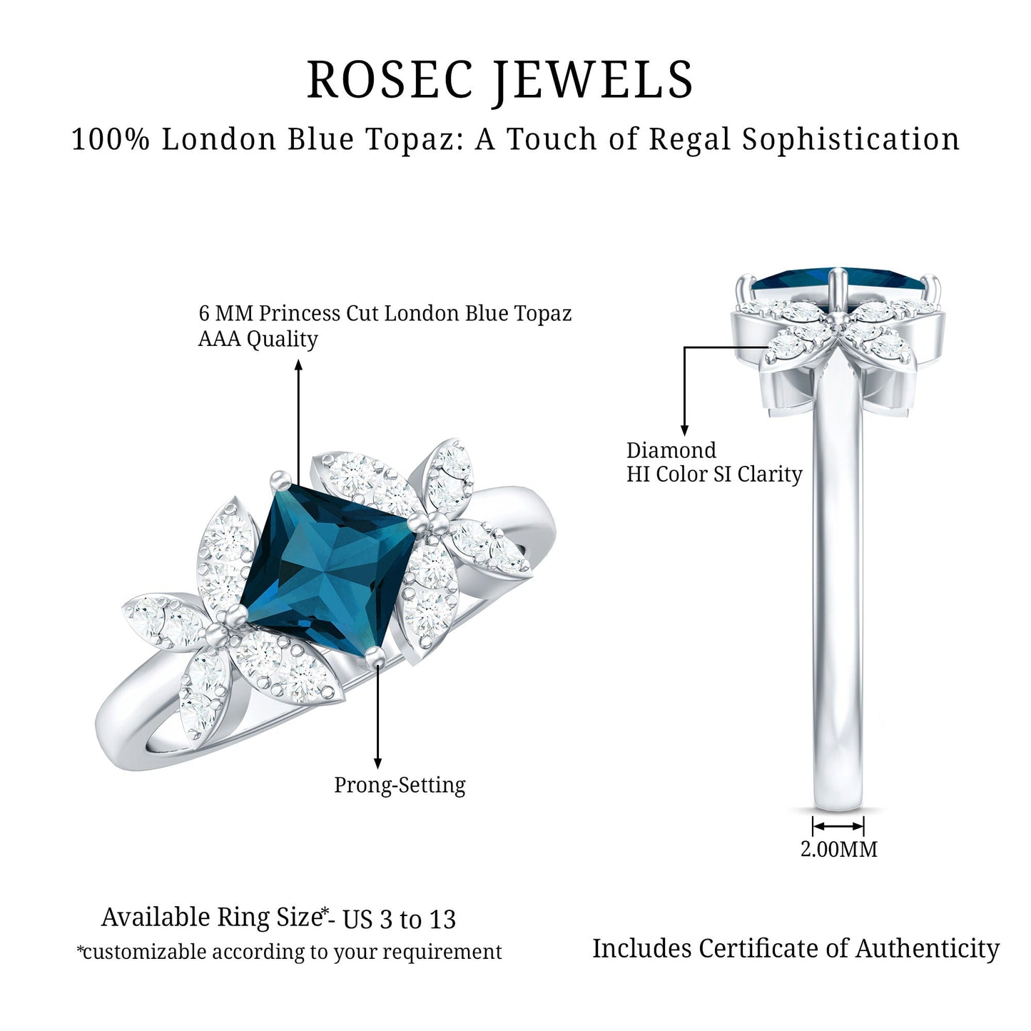 1 Carat Princess Cut London Blue Topaz Floral Engagement Ring with Diamond