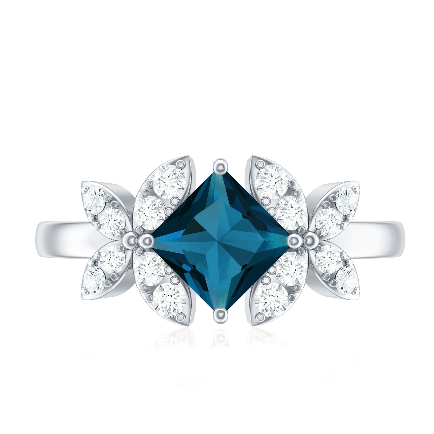 1 Carat Princess Cut London Blue Topaz Floral Engagement Ring with Diamond