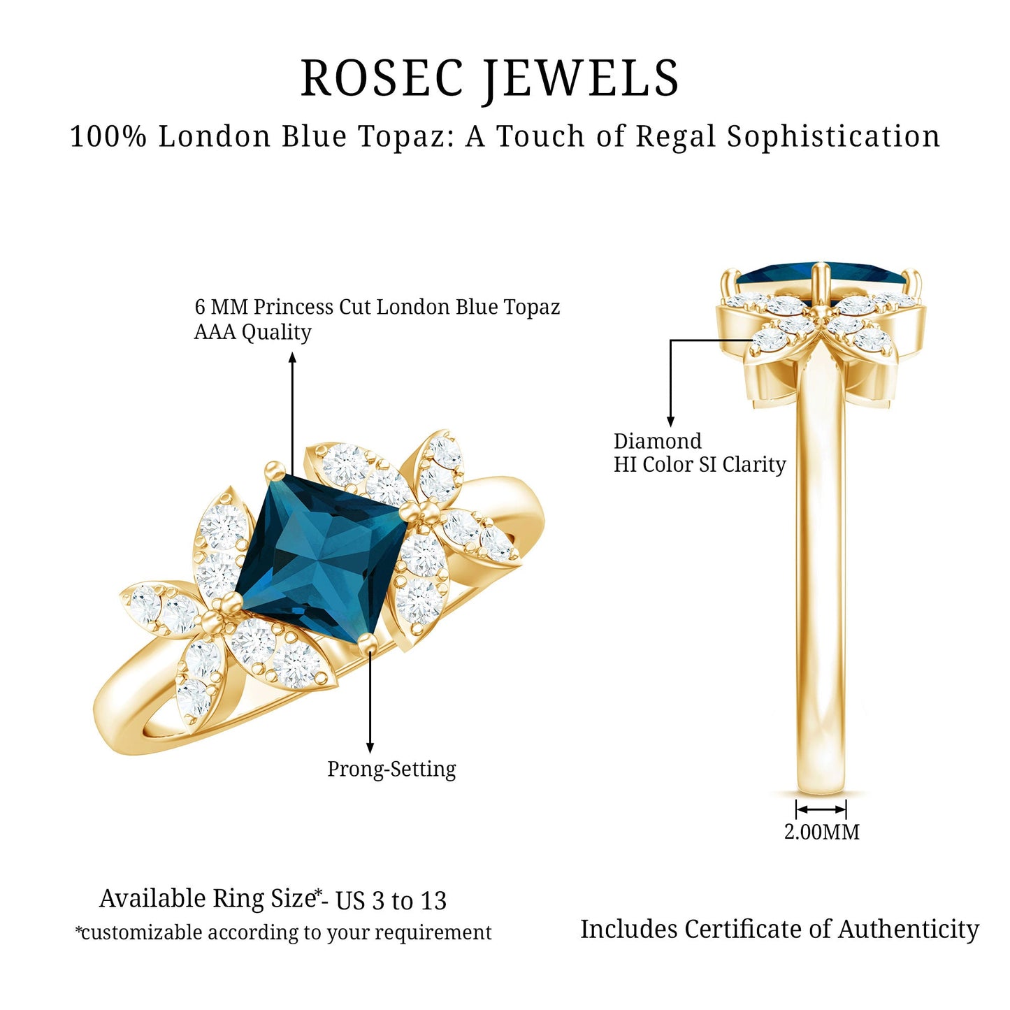 1 Carat Princess Cut London Blue Topaz Floral Engagement Ring with Diamond