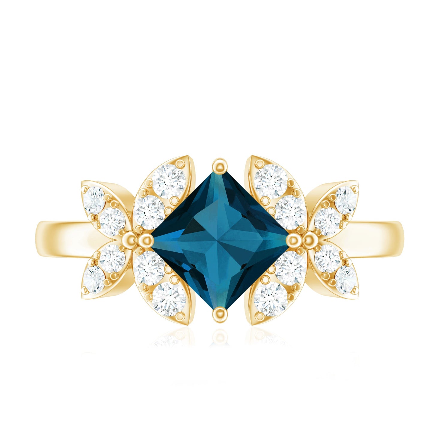 1 Carat Princess Cut London Blue Topaz Floral Engagement Ring with Diamond