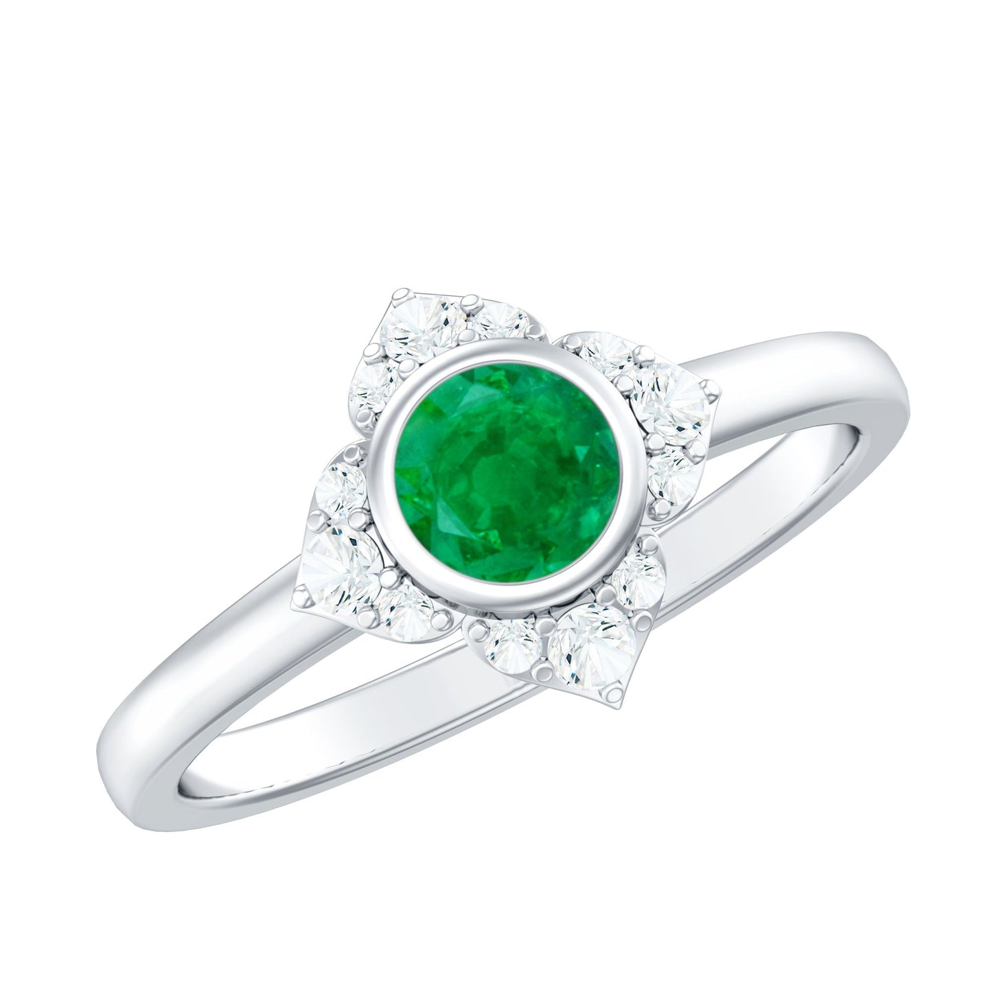 Natural Bezel Set 0.4 Carat Emerald Flower Engagement Ring with Diamond