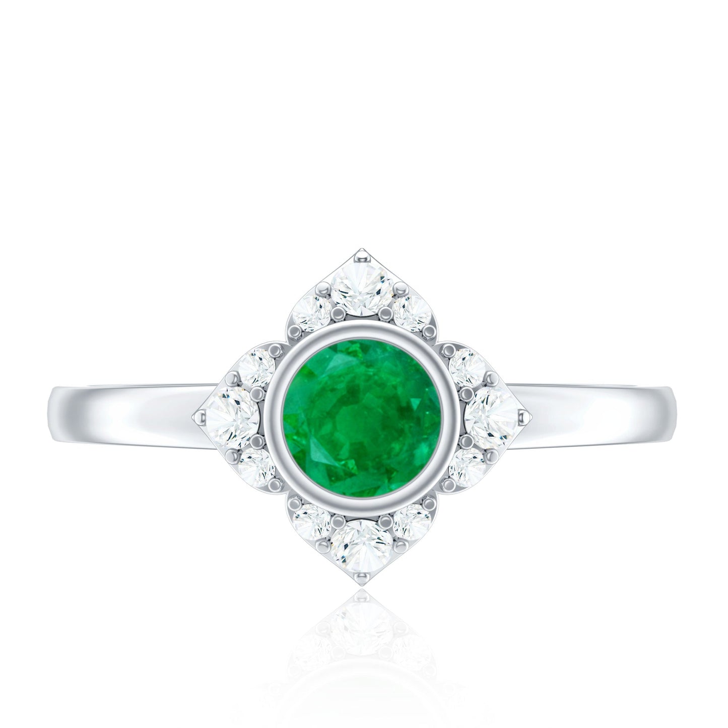 Natural Bezel Set 0.4 Carat Emerald Flower Engagement Ring with Diamond