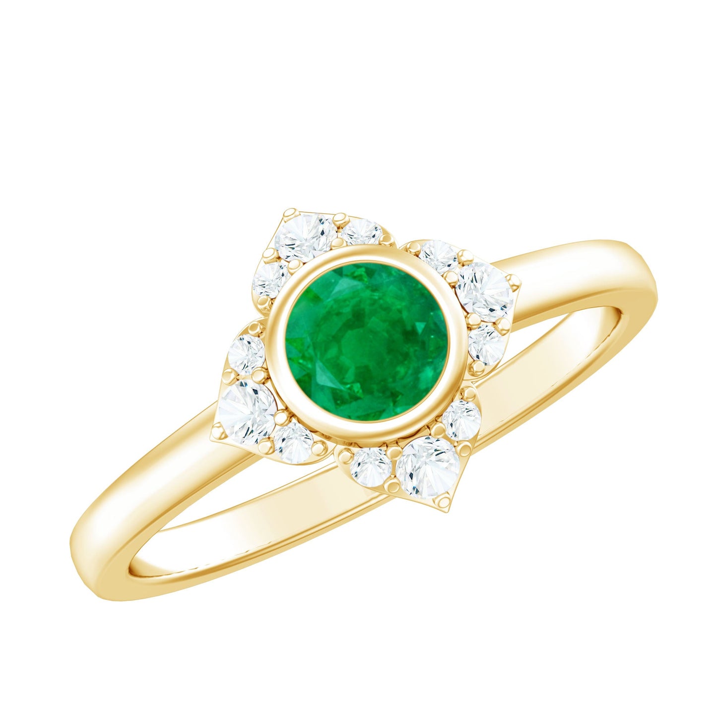 Natural Bezel Set 0.4 Carat Emerald Flower Engagement Ring with Diamond