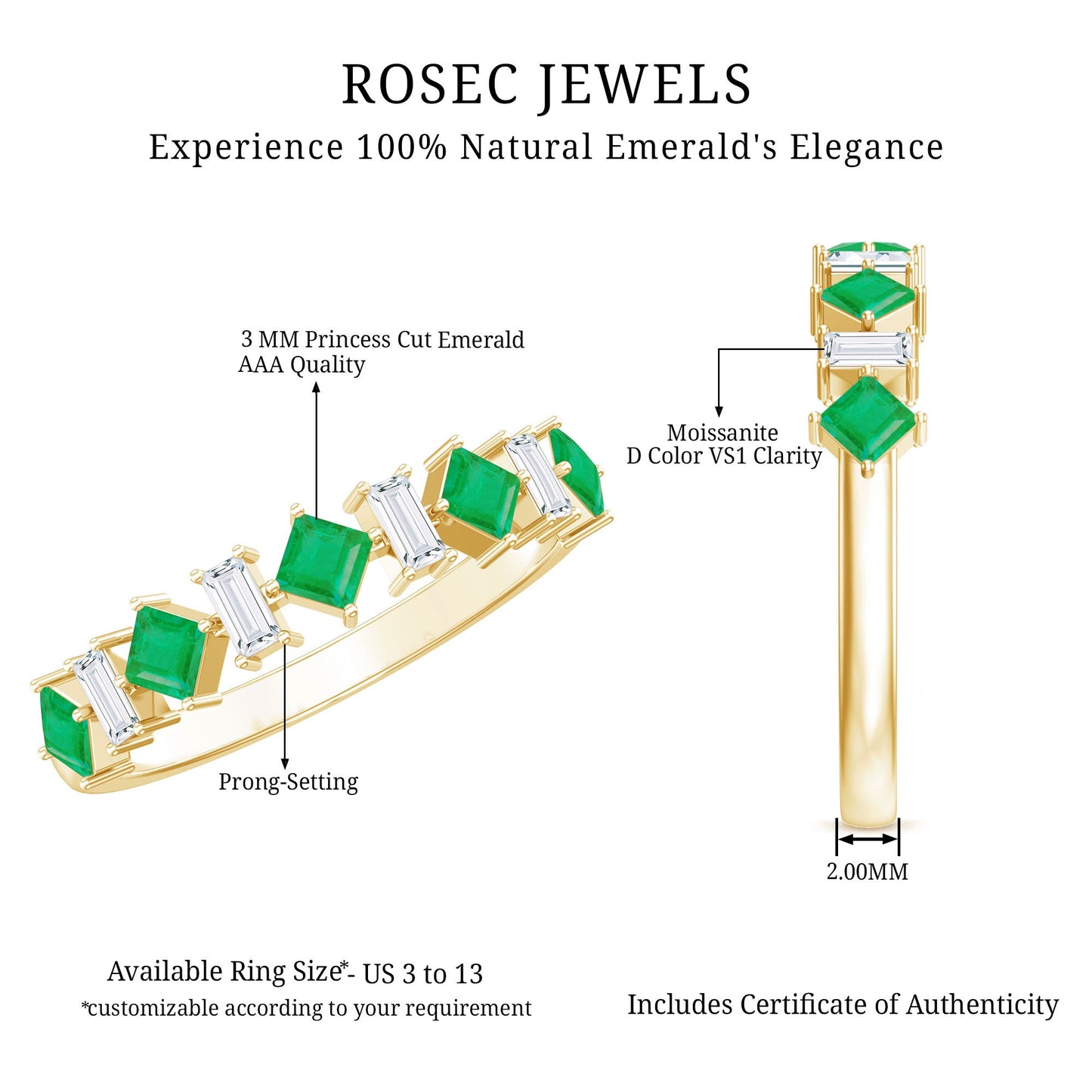 Certified Real Princess Cut Emerald Half Eternity Anniversary Ring