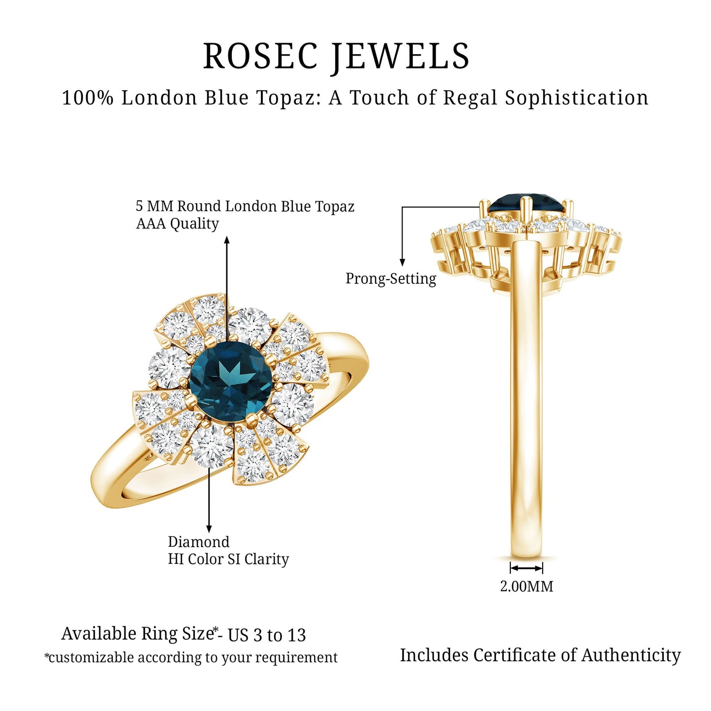 London Blue Topaz Floral Engagement Ring with Diamond