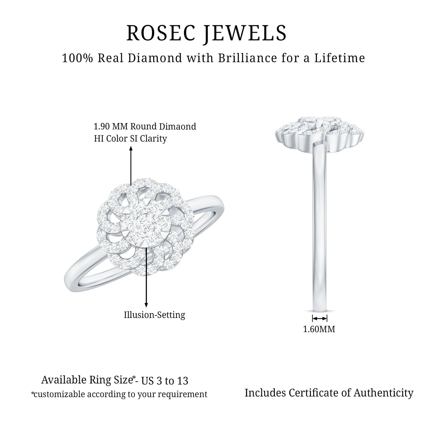 Certified Natural Diamond Flower Engagement Ring in Illusion Set