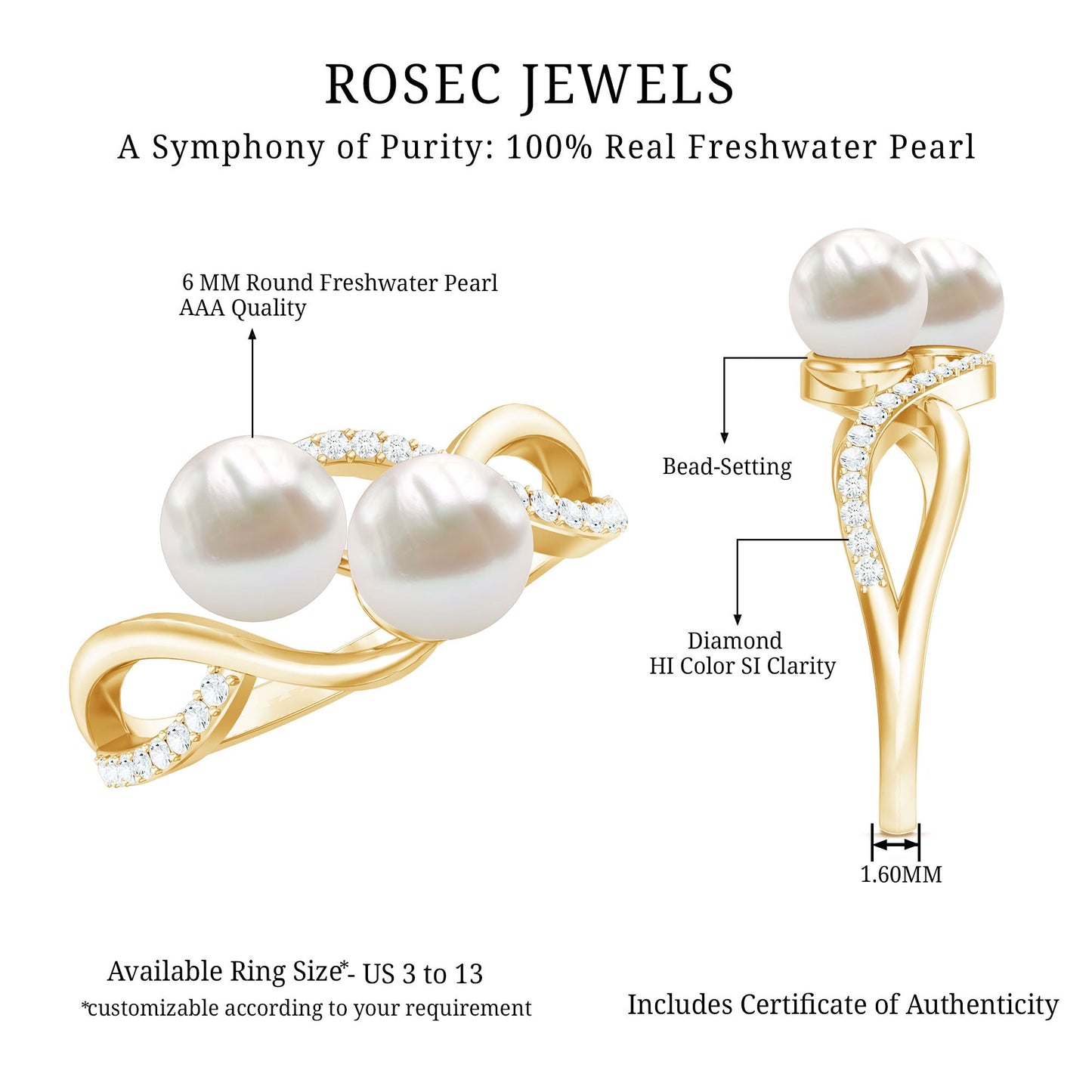 Cultured Freshwater Pearl Toi Et Moi Engagement Ring with Diamond