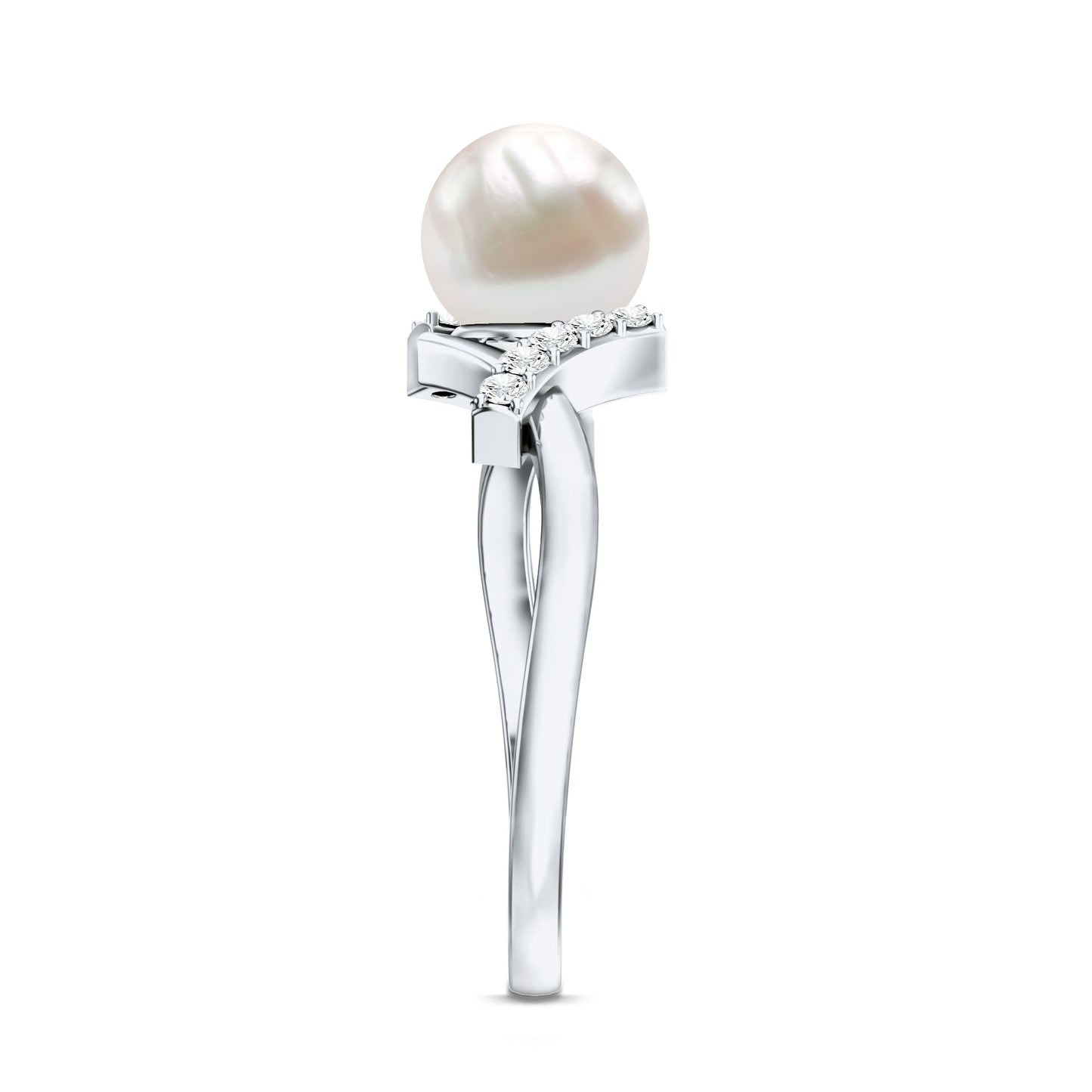 Freshwater Pearl Solitaire Crossover Engagement Ring with Diamond