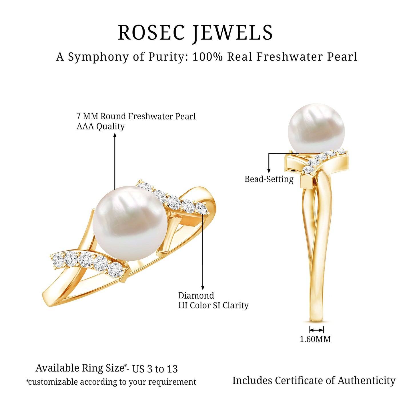 Freshwater Pearl Solitaire Crossover Engagement Ring with Diamond