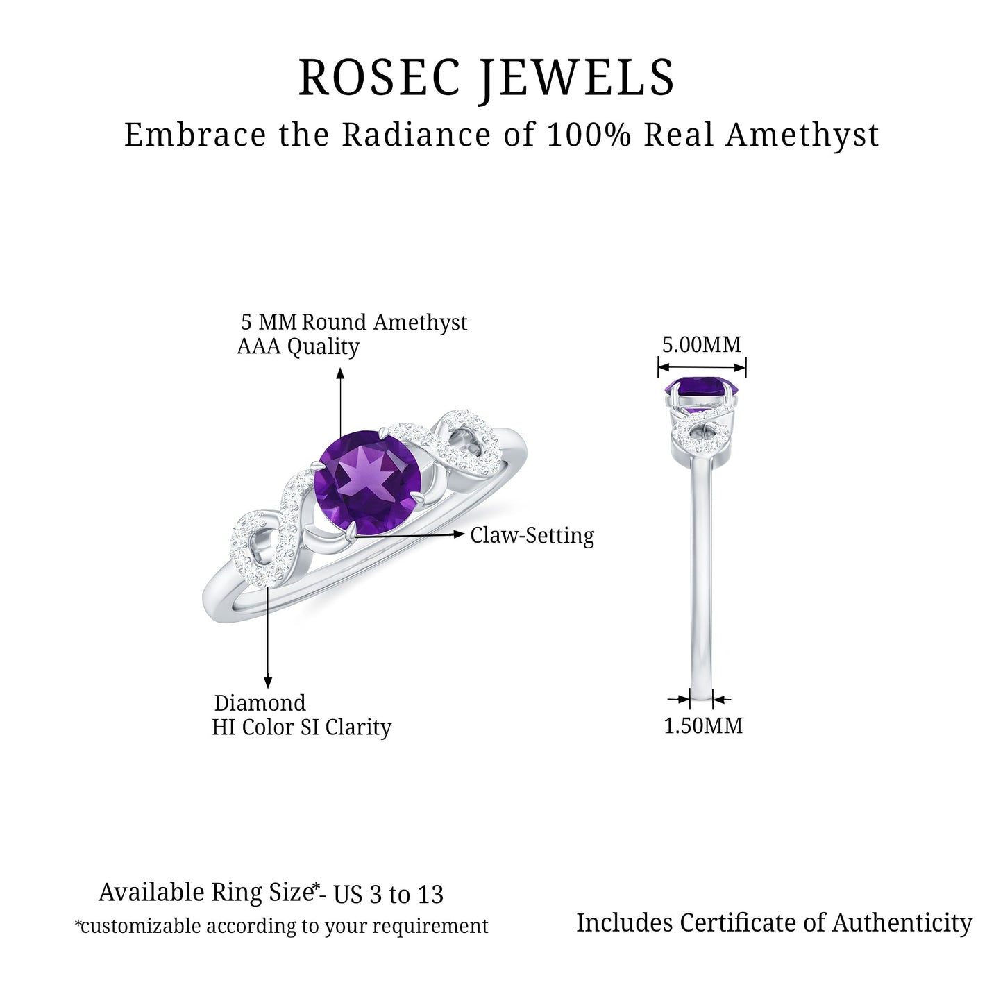 Natural Amethyst Engagement Ring with Diamond Infinity Knot