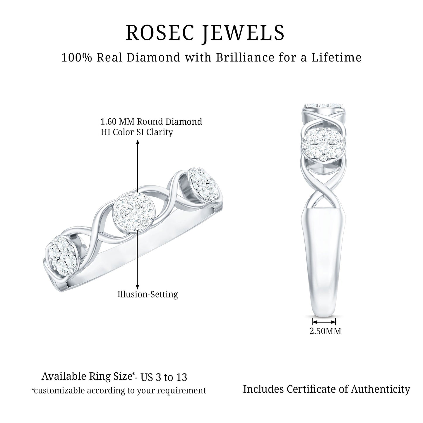 Natural Diamond Infinity Band Ring with Certificate