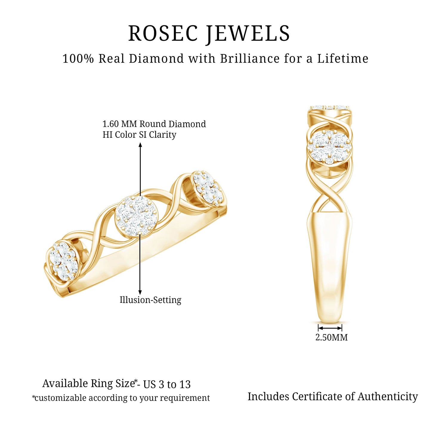 Natural Diamond Infinity Band Ring with Certificate