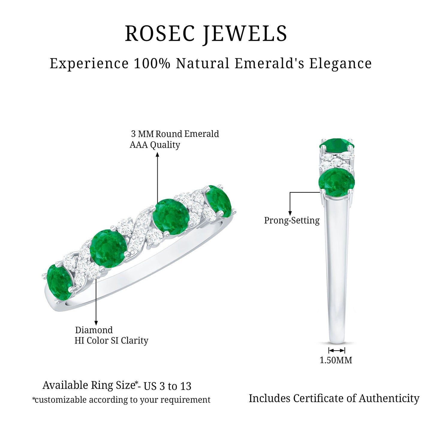 Natural Emerald Diamond Half Eternity Anniversary Band with Certificate