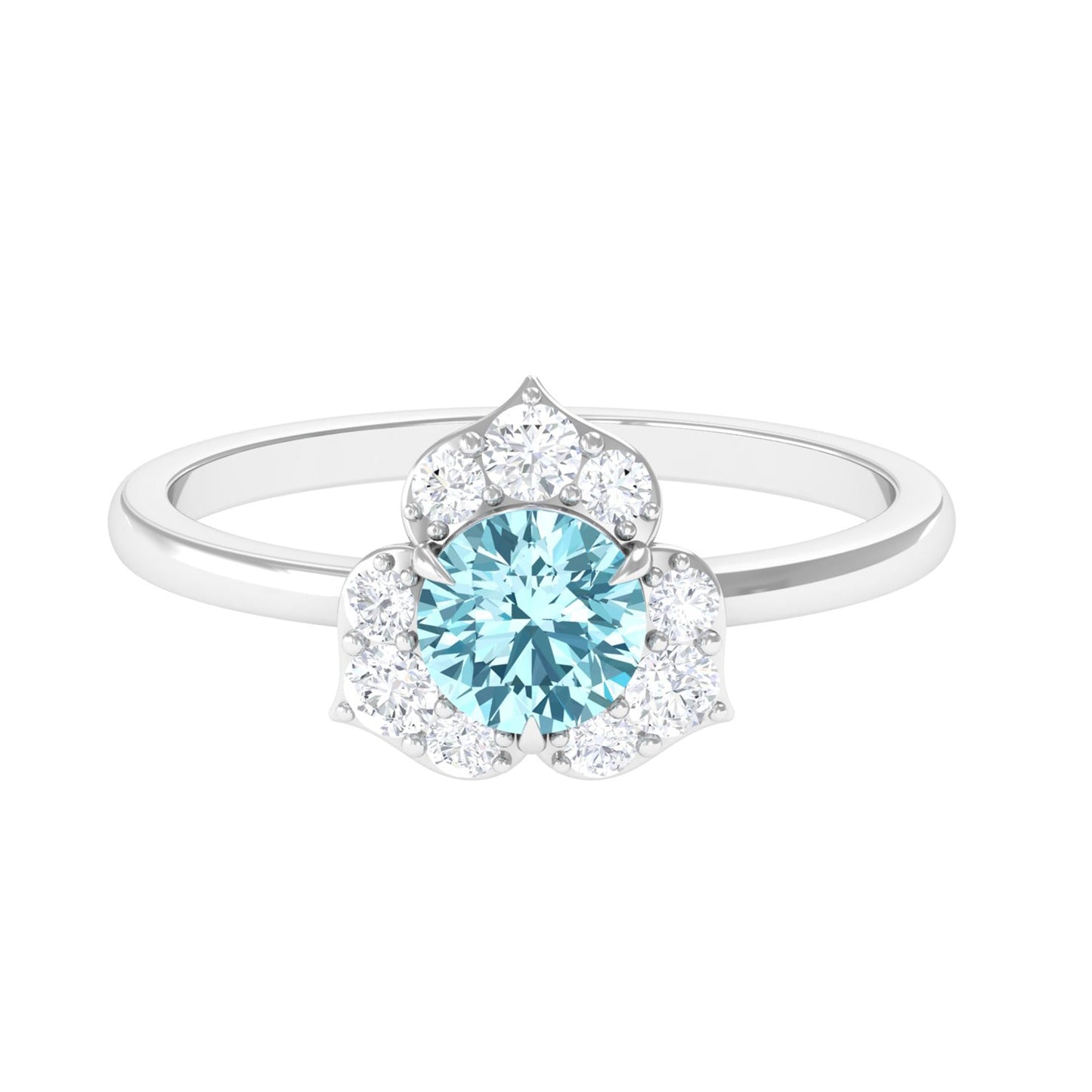 Real Round Aquamarine and Diamond Flower Engagement Ring with Certificate