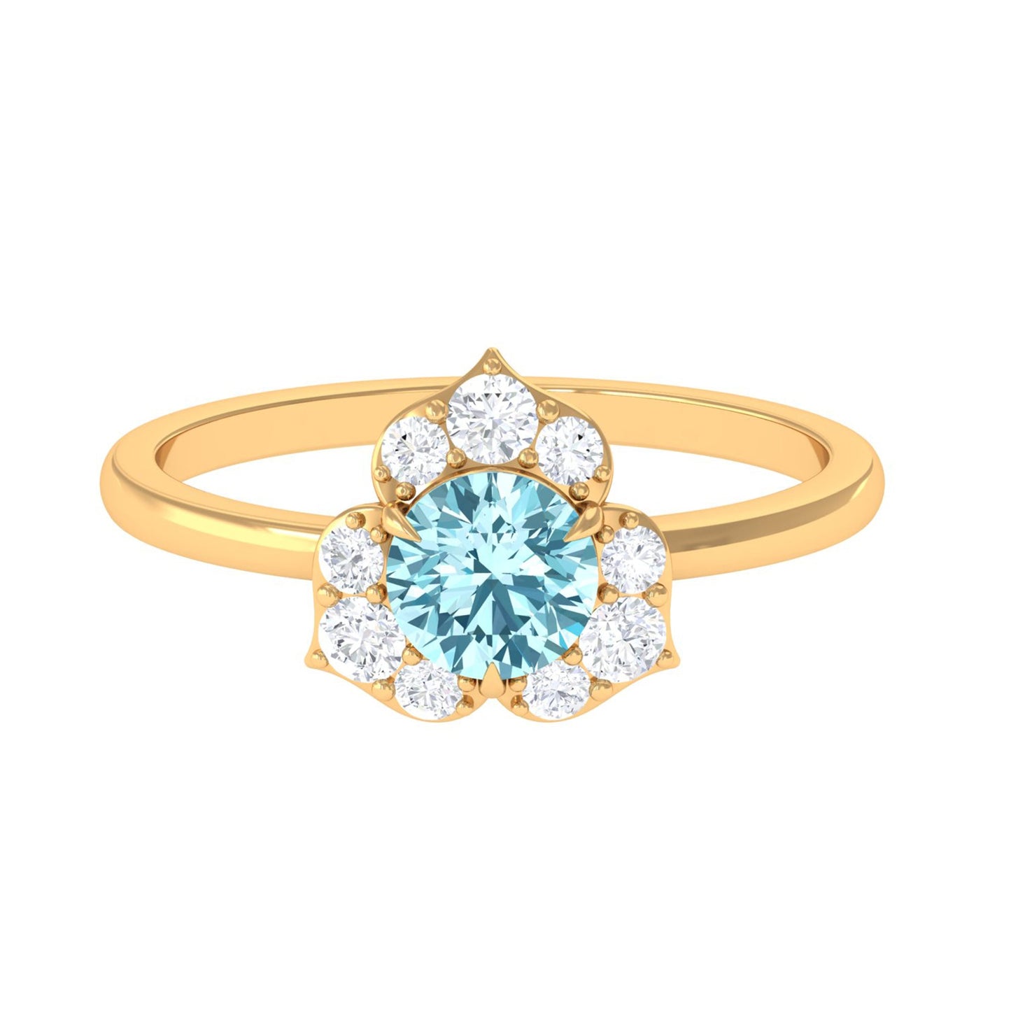 Real Round Aquamarine and Diamond Flower Engagement Ring with Certificate