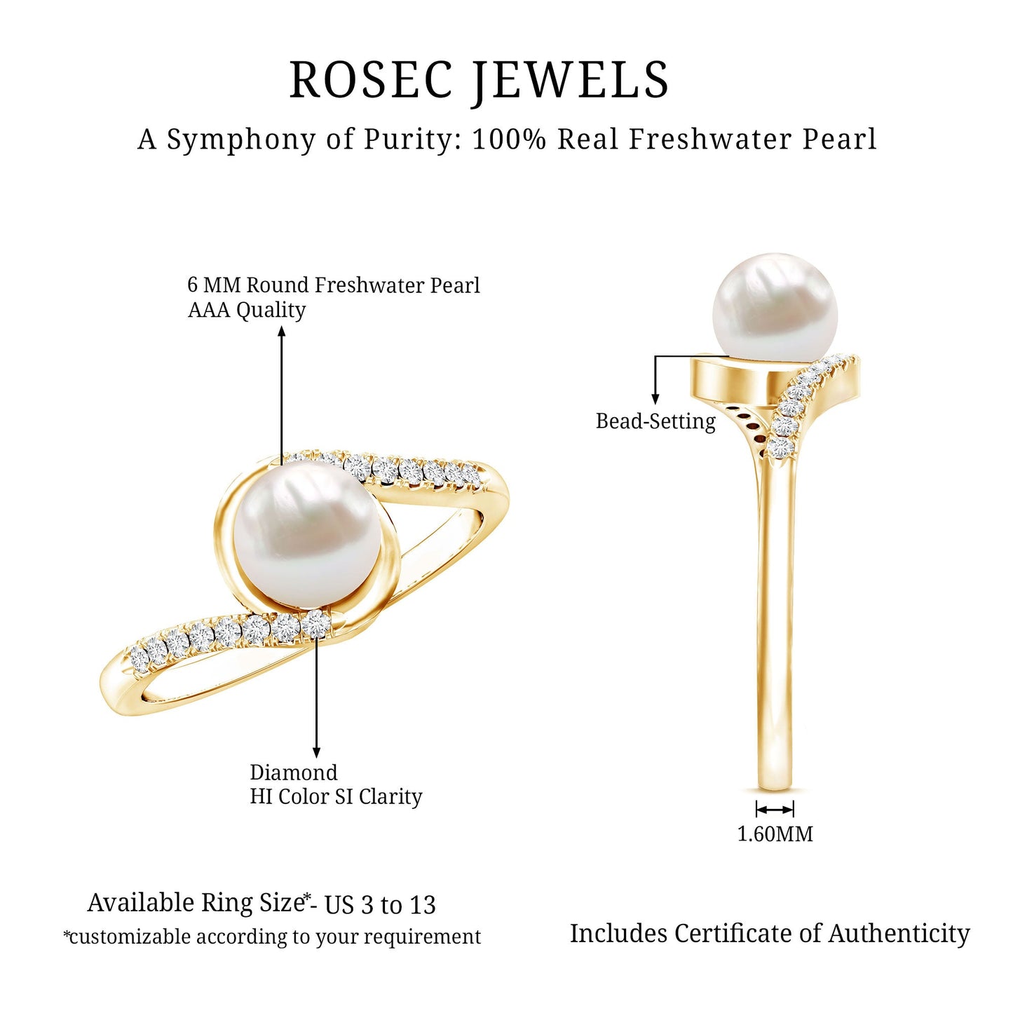 Freshwater Pearl Solitaire Bypass Engagement Ring with Diamond Accent