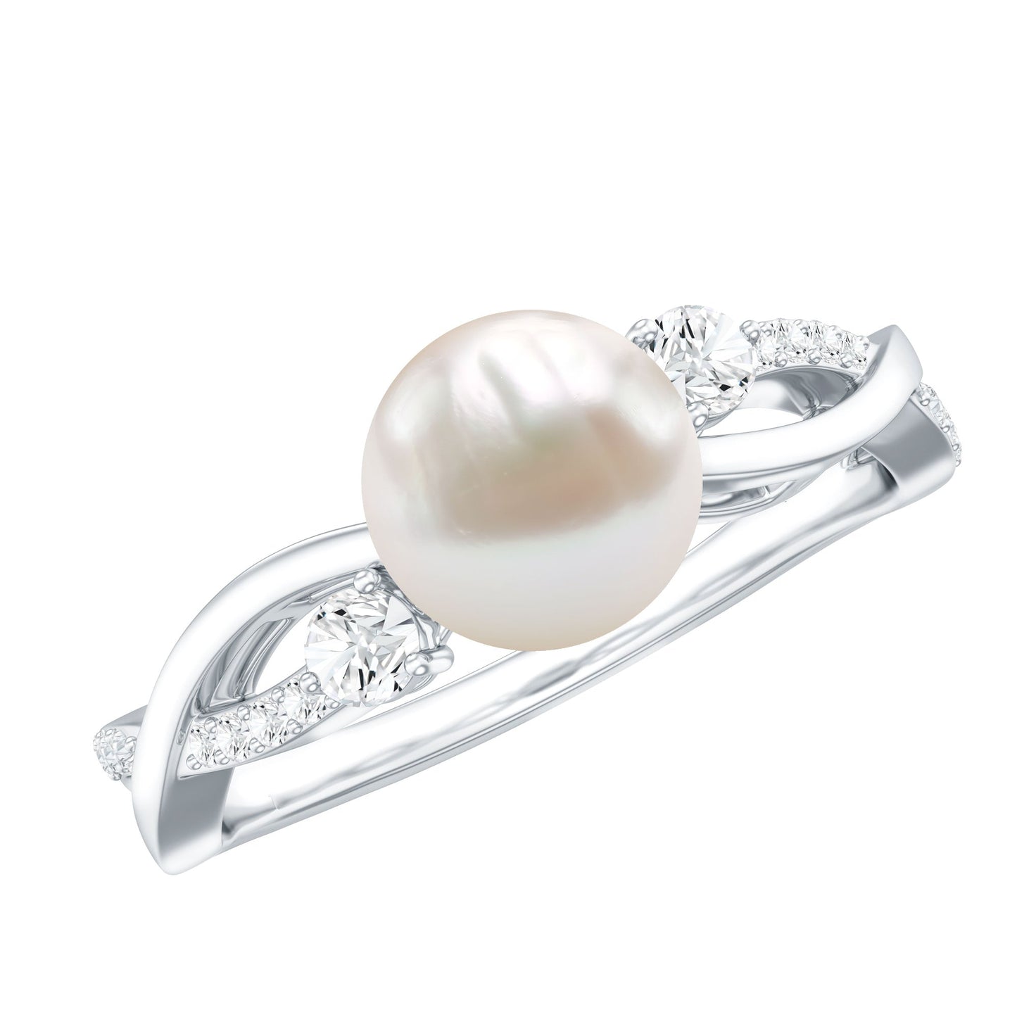 Genuine 7.4 Carat Freshwater Pearl Engagement Ring with Diamond Crossover Shank