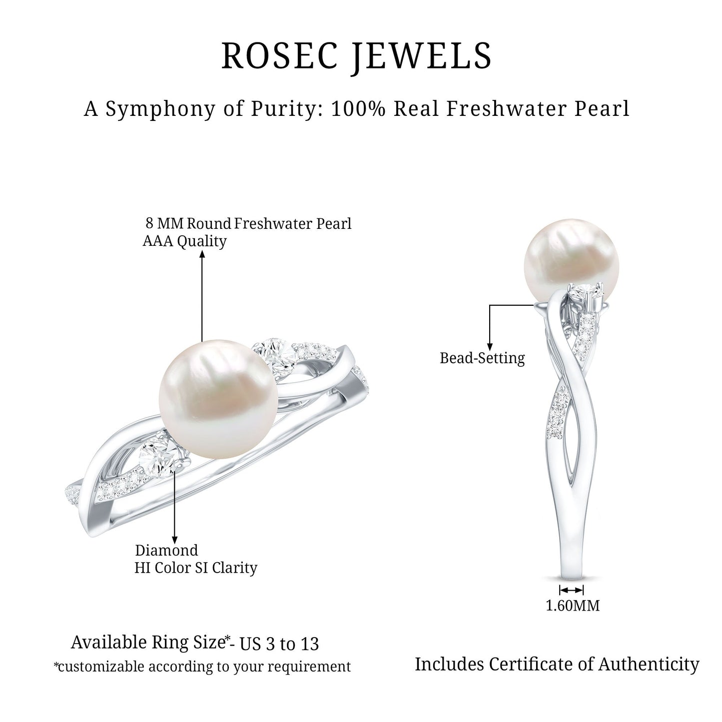 Genuine 7.4 Carat Freshwater Pearl Engagement Ring with Diamond Crossover Shank
