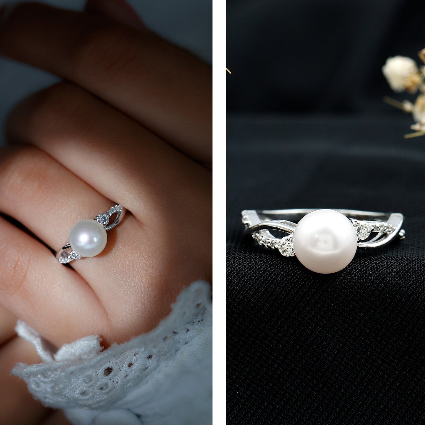Genuine 7.4 Carat Freshwater Pearl Engagement Ring with Diamond Crossover Shank