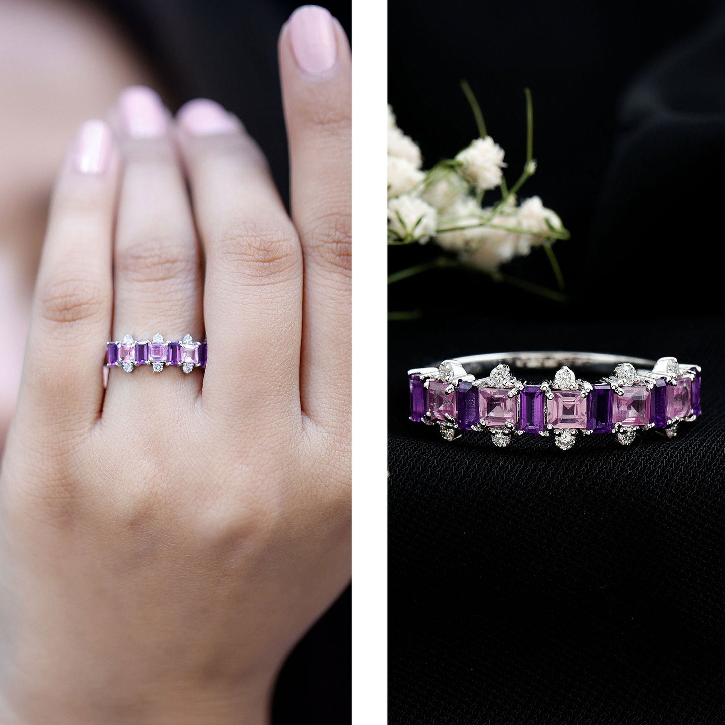 Lab Created Pink Sapphire and Amethyst Half Eternity Band with Diamond