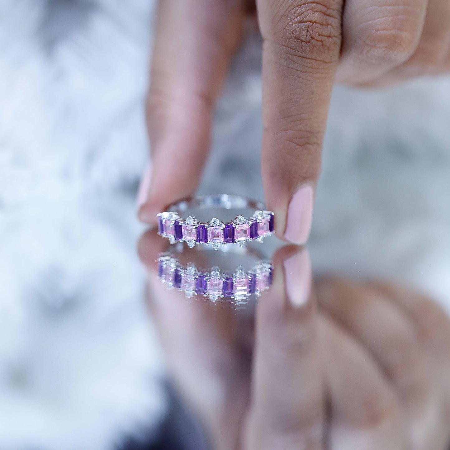 Lab Created Pink Sapphire and Amethyst Half Eternity Band with Diamond