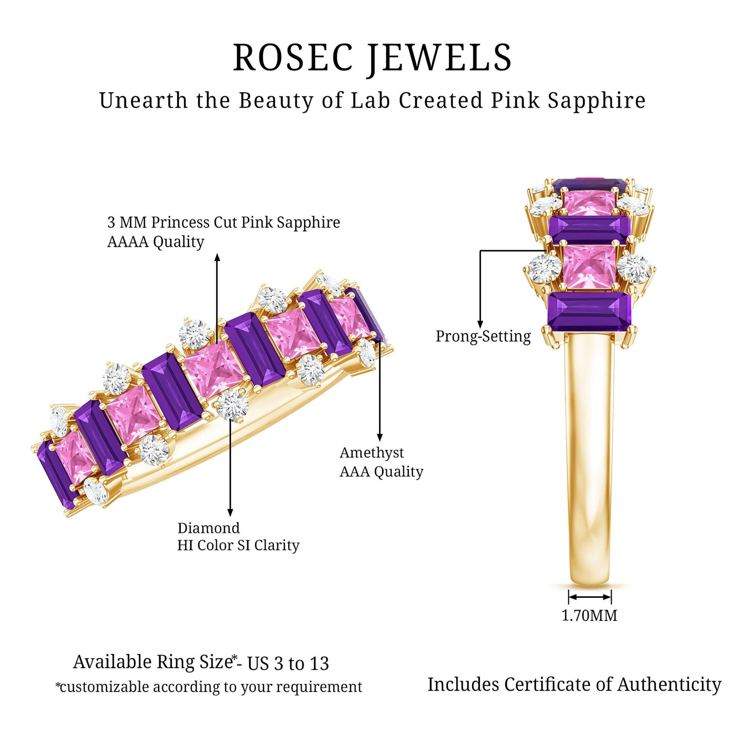 Lab Created Pink Sapphire and Amethyst Half Eternity Band with Diamond