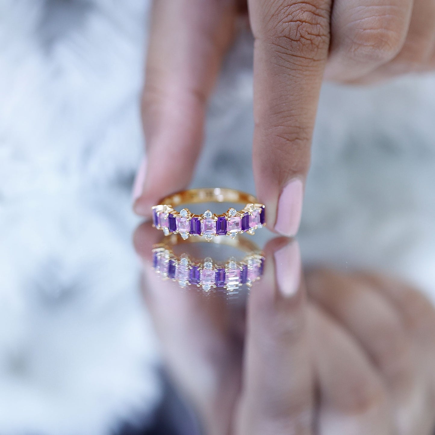 Lab Created Pink Sapphire and Amethyst Half Eternity Band with Diamond