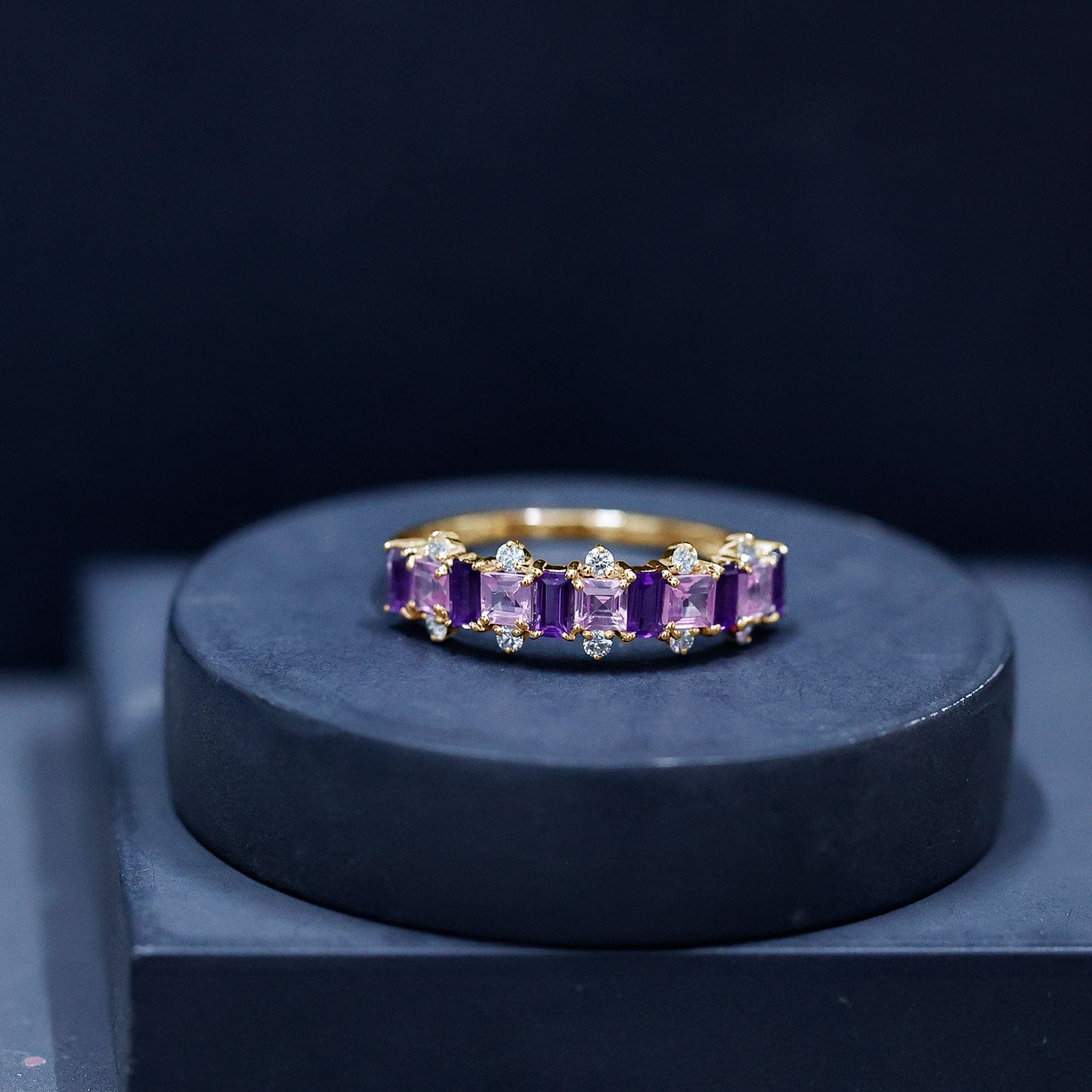 Lab Created Pink Sapphire and Amethyst Half Eternity Band with Diamond
