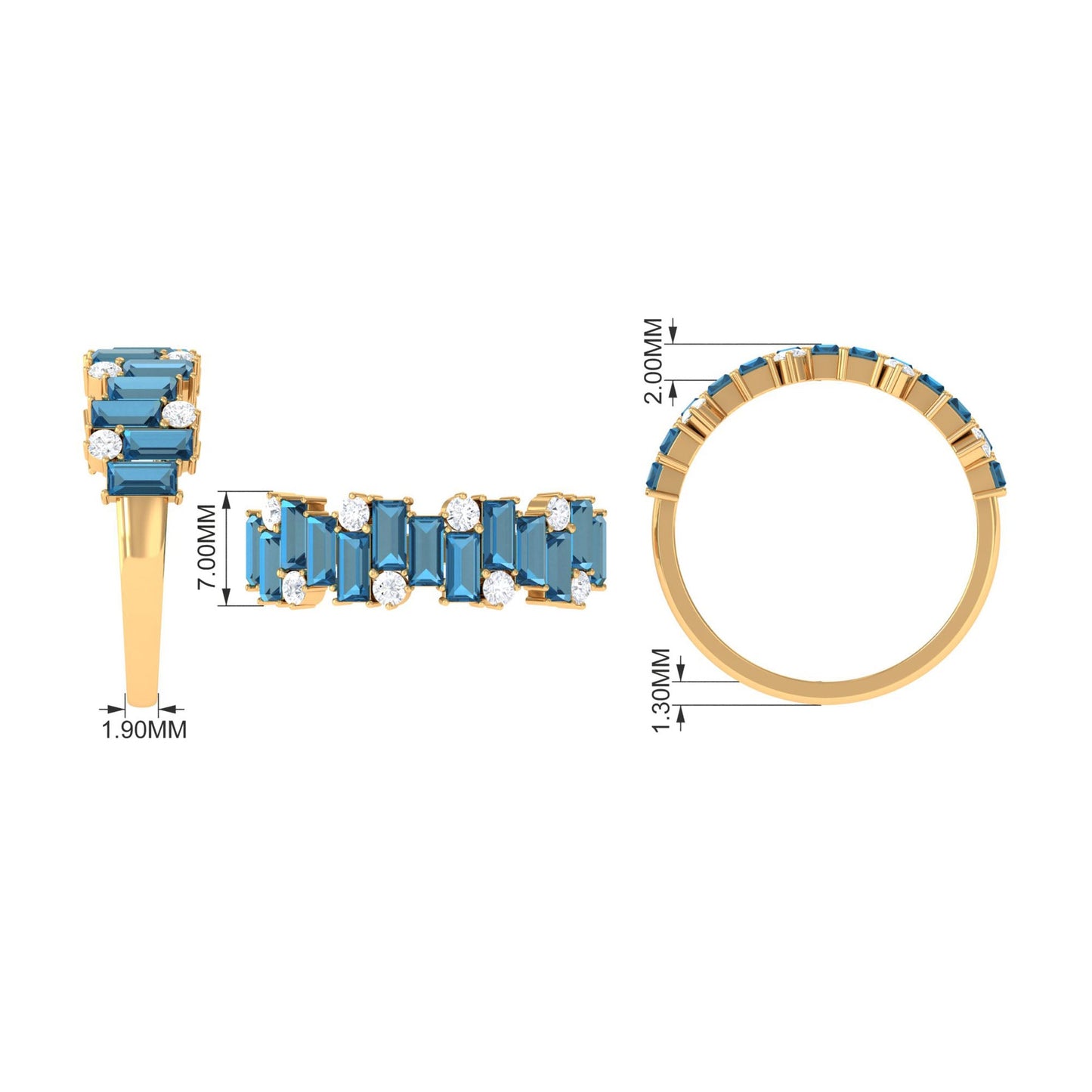 Baguette London Blue Topaz Uneven Eternity Ring with Diamond