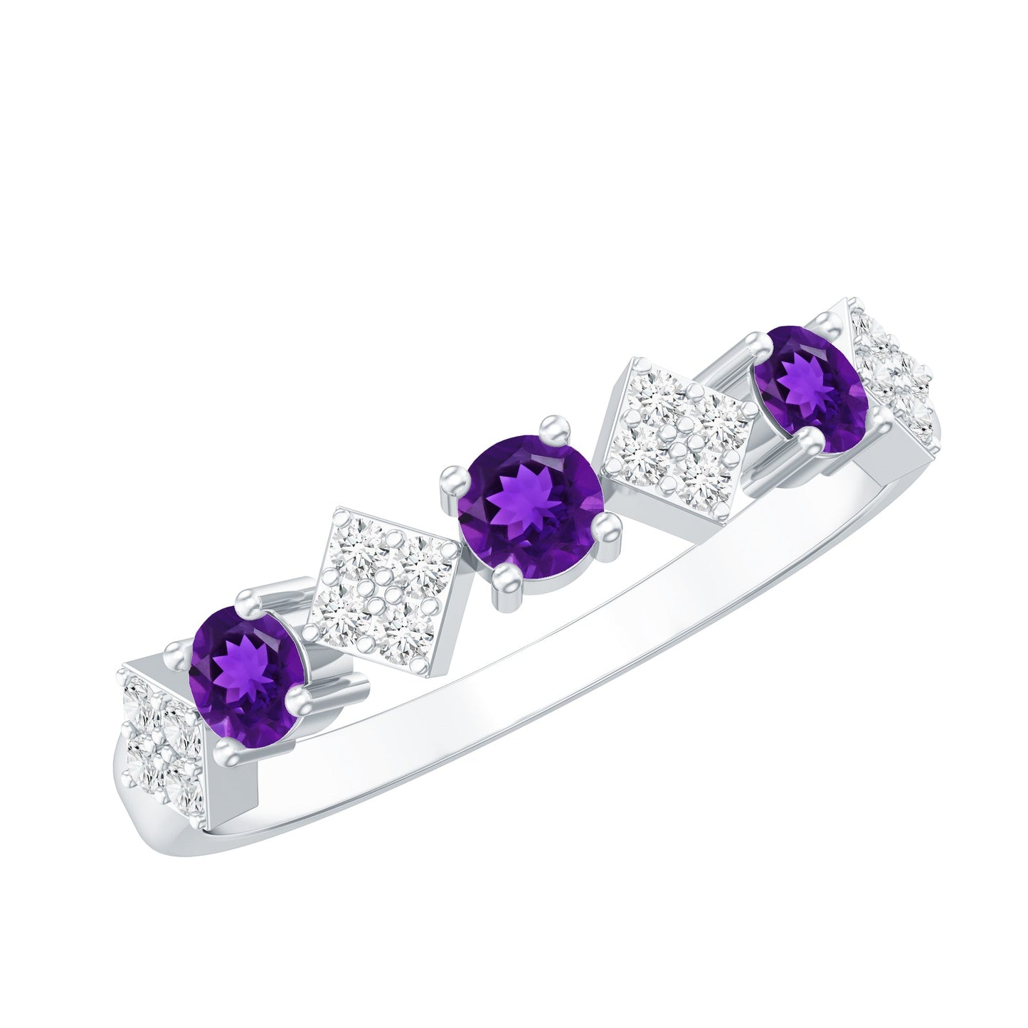 Real Amethyst Half Eternity Ring with Diamond for Women
