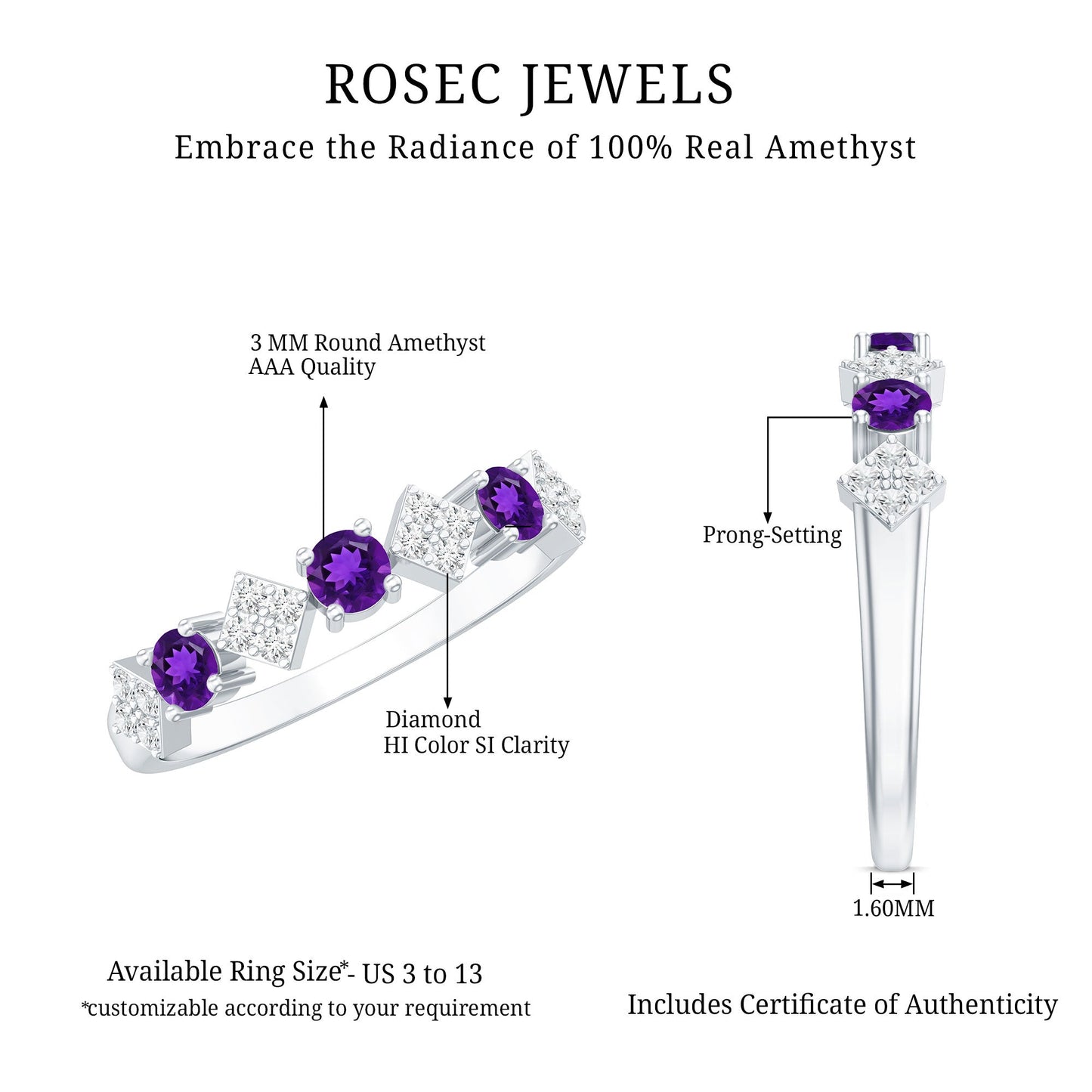 Real Amethyst Half Eternity Ring with Diamond for Women
