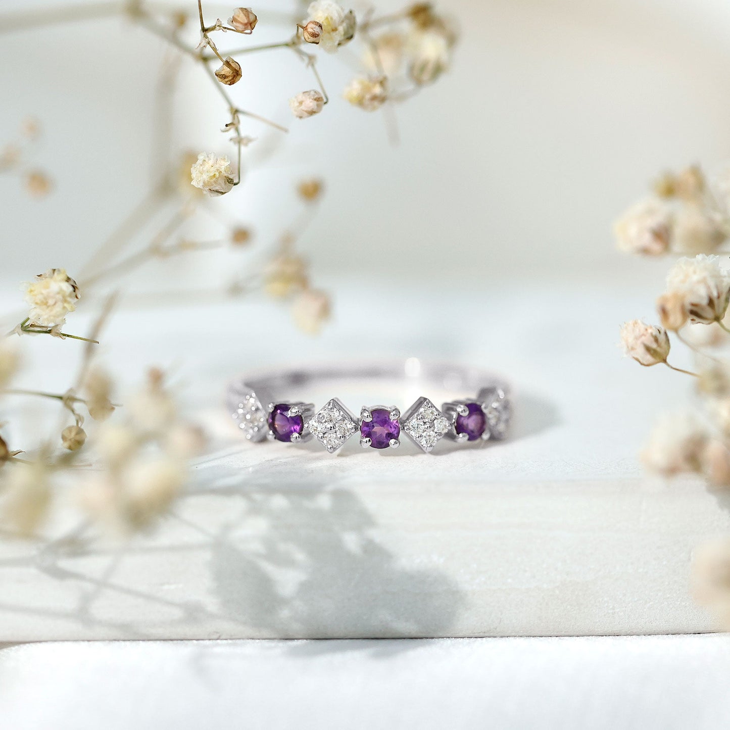 Real Amethyst Half Eternity Ring with Diamond for Women