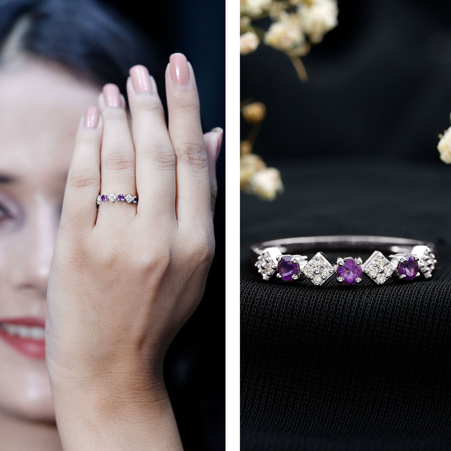Real Amethyst Half Eternity Ring with Diamond for Women