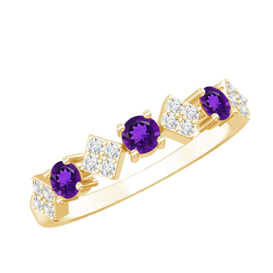 Real Amethyst Half Eternity Ring with Diamond for Women