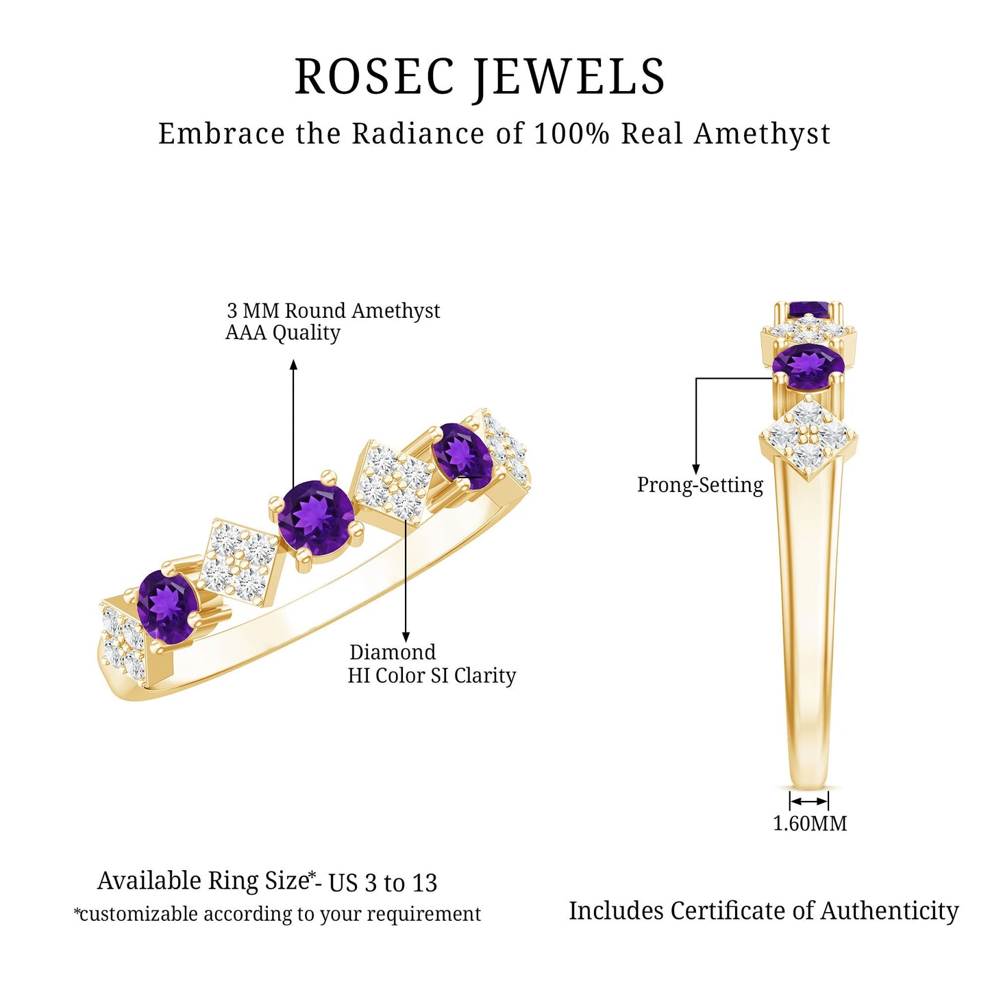 Real Amethyst Half Eternity Ring with Diamond for Women