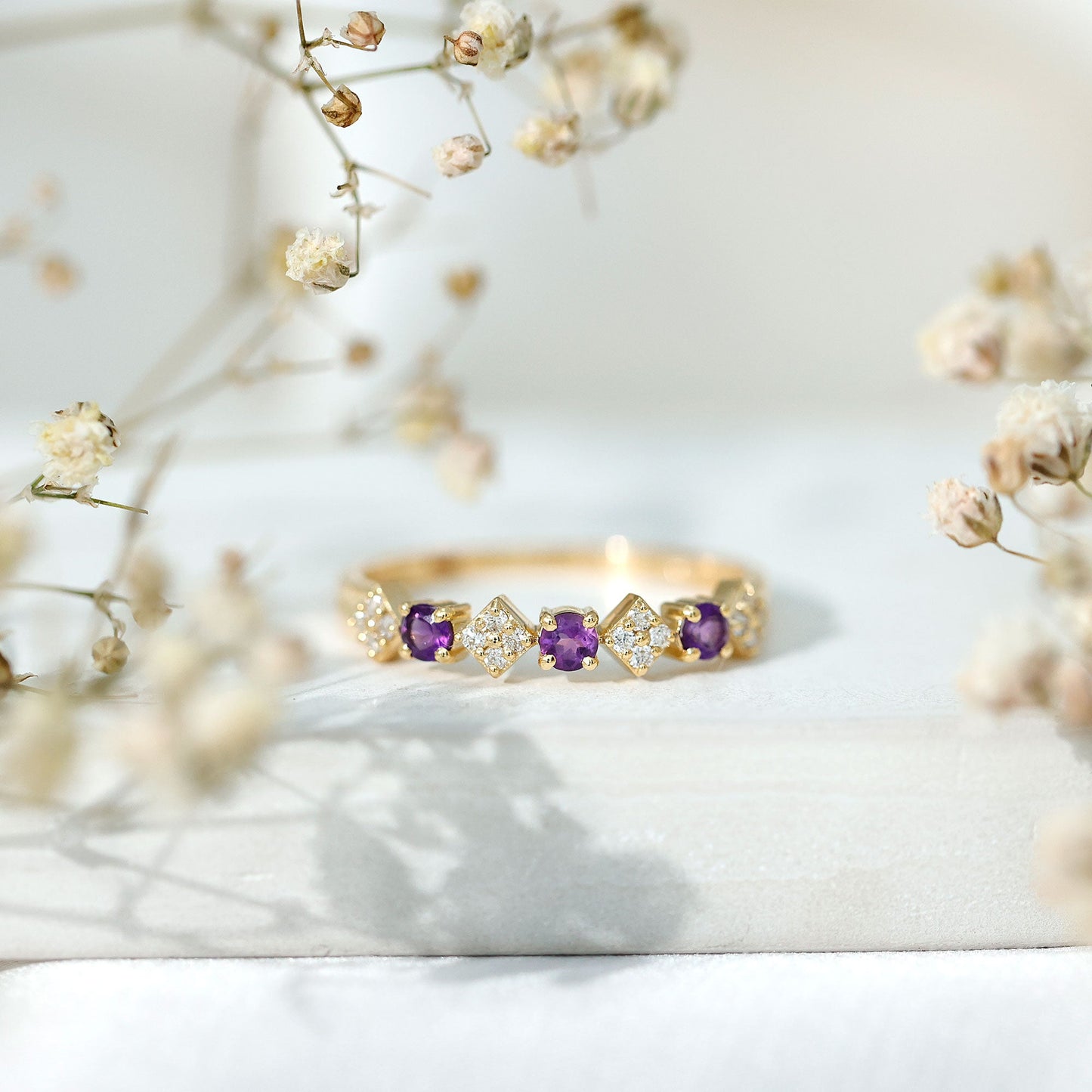 Real Amethyst Half Eternity Ring with Diamond for Women