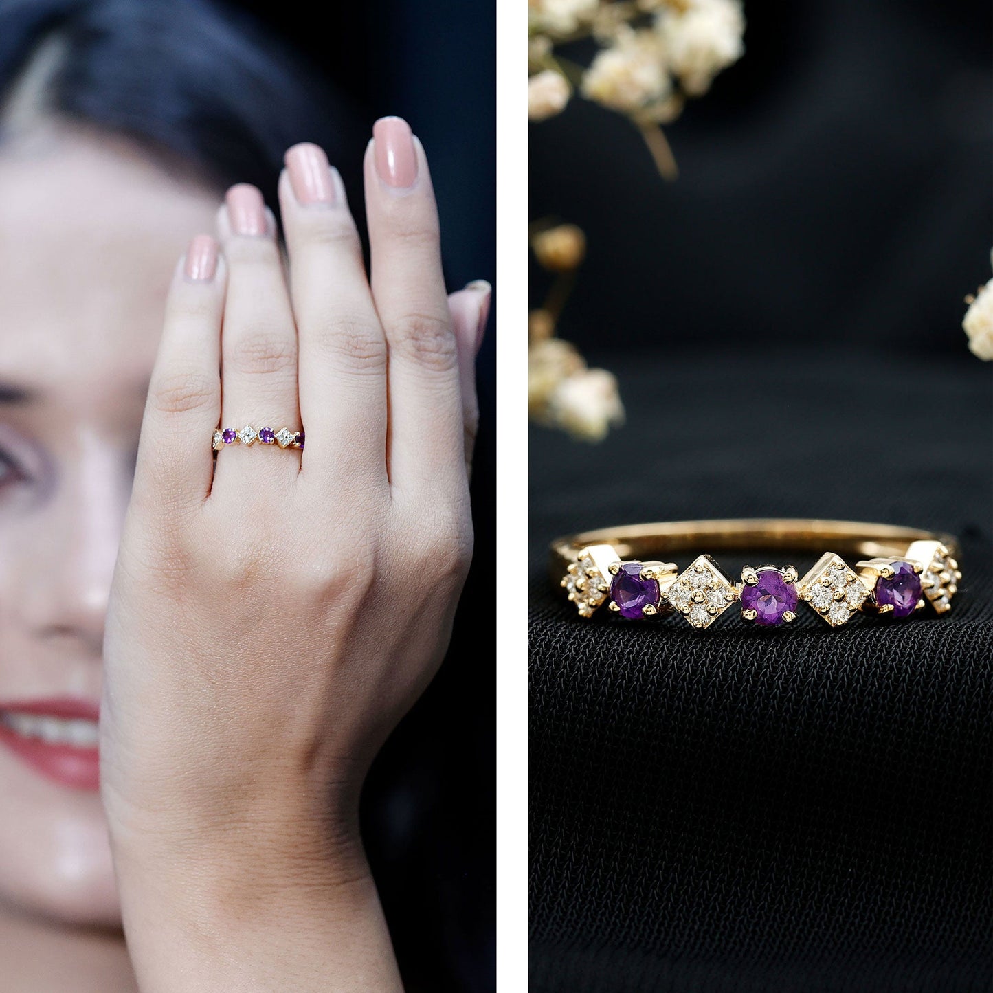 Real Amethyst Half Eternity Ring with Diamond for Women