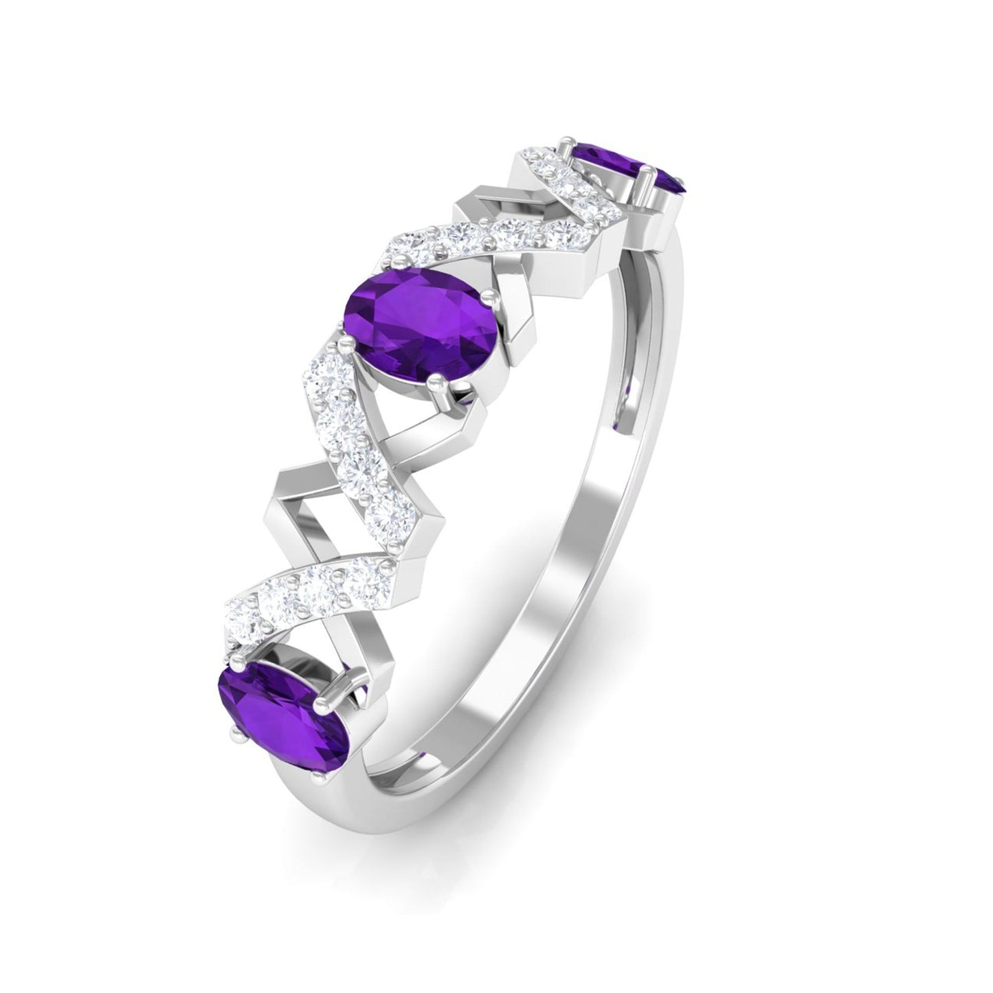 Natural Oval Amethyst Half Eternity Ring with Diamond