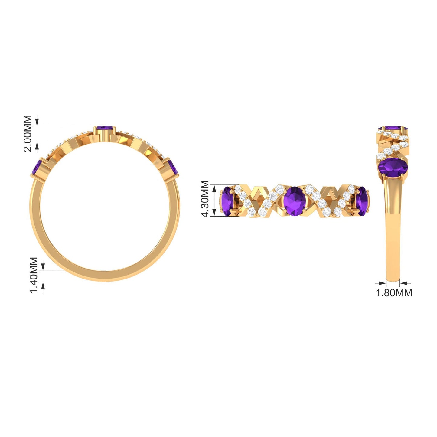 Natural Oval Amethyst Half Eternity Ring with Diamond